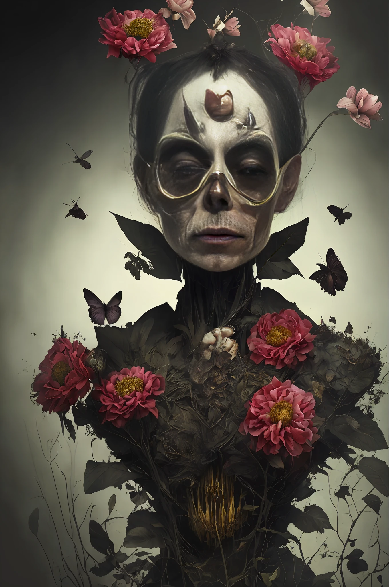 a close up of a person with a creepy face and a flower, macabre art, horror fantasy art, stefan gesell, fantasy horror art, detailed 4k horror artwork, dark fantasy horror art, horrific digital art, scary detailed art in color, horror macabre face, horror!! highly detailed, horror surreal art, hyper realism scary, elegant horror artwork