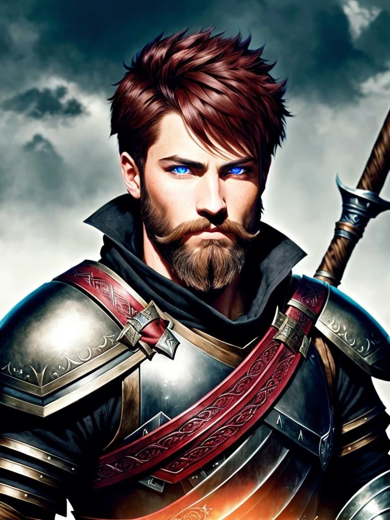 man with short beard, epic rpg portrait, fantasy male portrait, rpg portrait concept art, male warrior, fantasy concept art portrait, epic portrait illustration, detailed character portrait, one human warrior, big black armor with details red, full armor, blue eyes, short hair, holding a black greatsword, brown hair, dungeons and dragons character