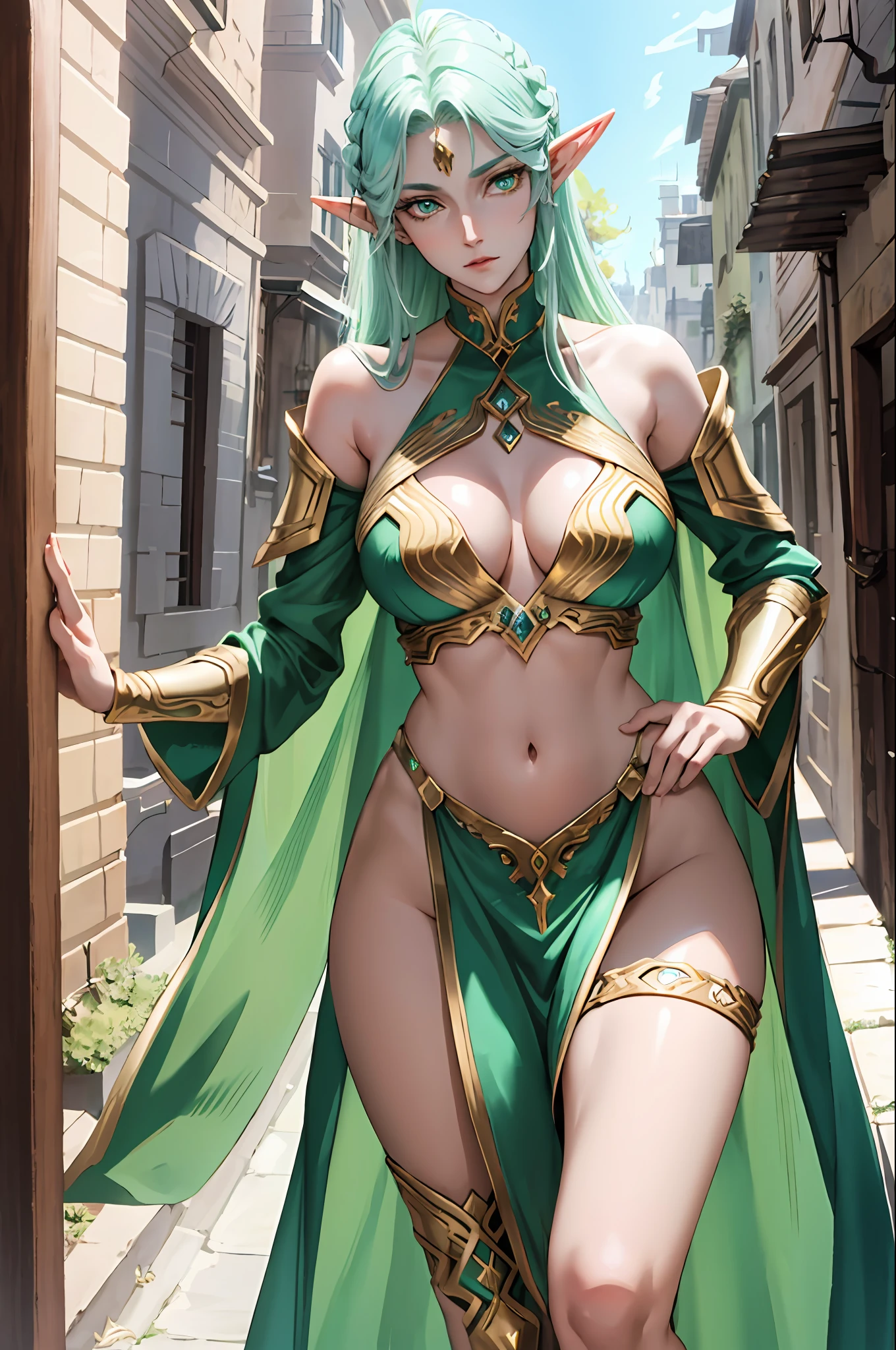 A tall and beautiful elf woman, with green pupils, contempt in her eyes, a cold expression, a haughty posture, chest up, golden light armor all over her body, exposed chest, exposed shoulders, exposed navel, exposed thighs, looking up camera, strolling through medieval streets.