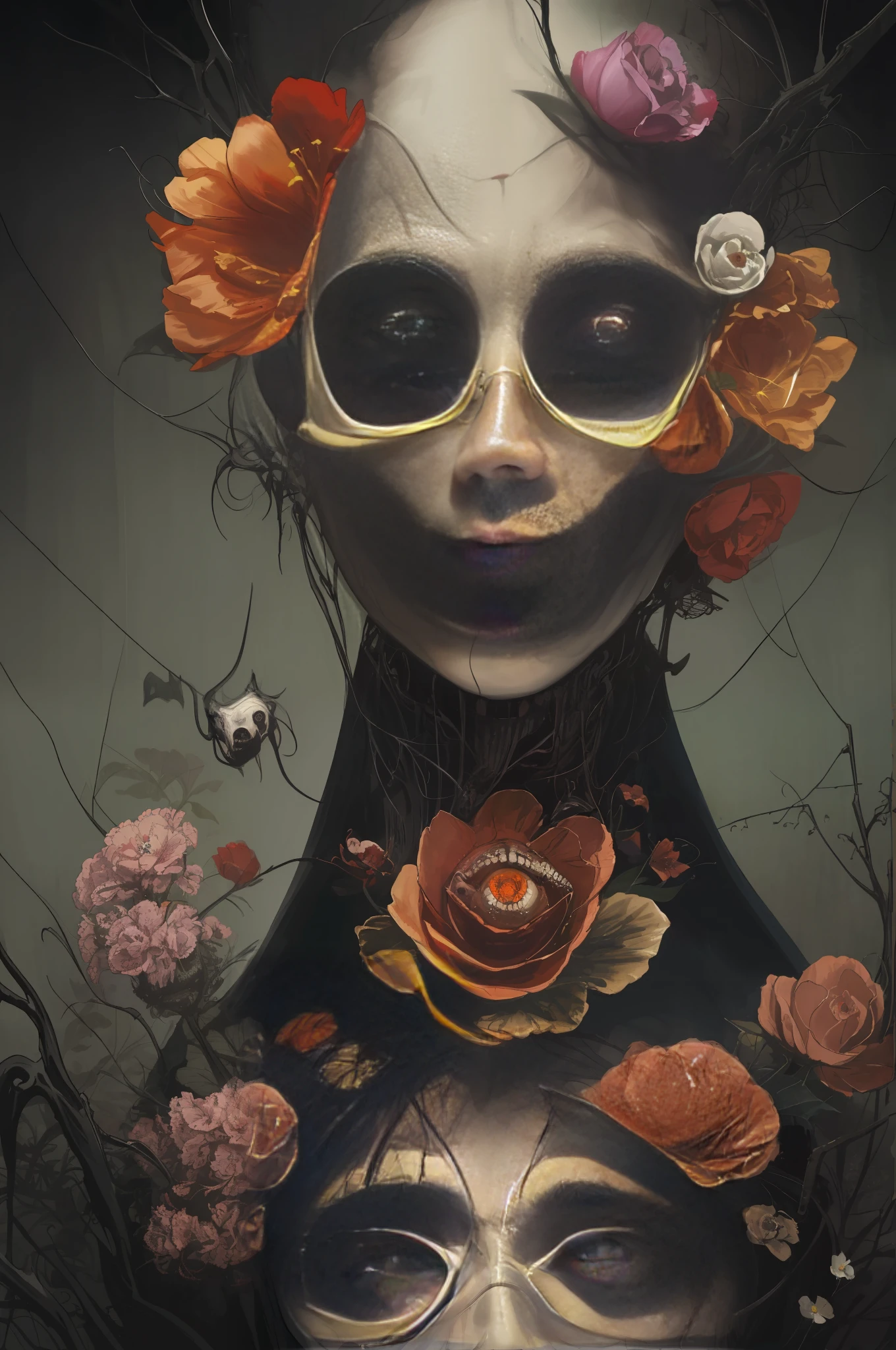 a close up of a person with a creepy face and a flower, macabre art, horror fantasy art, fantasy horror art, detailed 4k horror artwork, dark fantasy horror art, horrific digital art, scary detailed art in color, horror macabre face, horror!! highly detailed, horror surreal art, hyper realism scary, elegant horror artwork