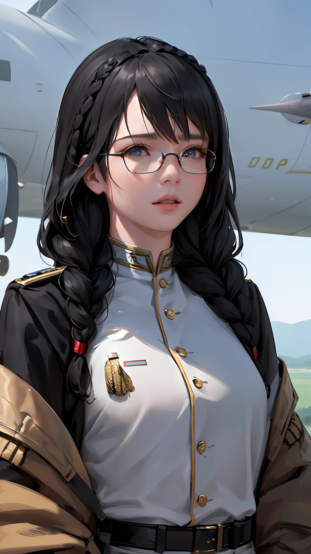 A masterpiece, a 24-year-old woman of short stature, a flat chest, deep black eyes, dark hair, wearing thick red glasses, dressed modestly. a standing military commander In the middle of the runway and watching the plane take off, (double braids and bangs : 1.8), (most realistic details of facial features and eyes), referring to the modern US Army Command uniform : 1.5 ,result. masterpiece,realistic,sci-fi science fiction,beautiful eyes,realistic sci-fi movie,(remote camera angle),CG face decoration, realistic