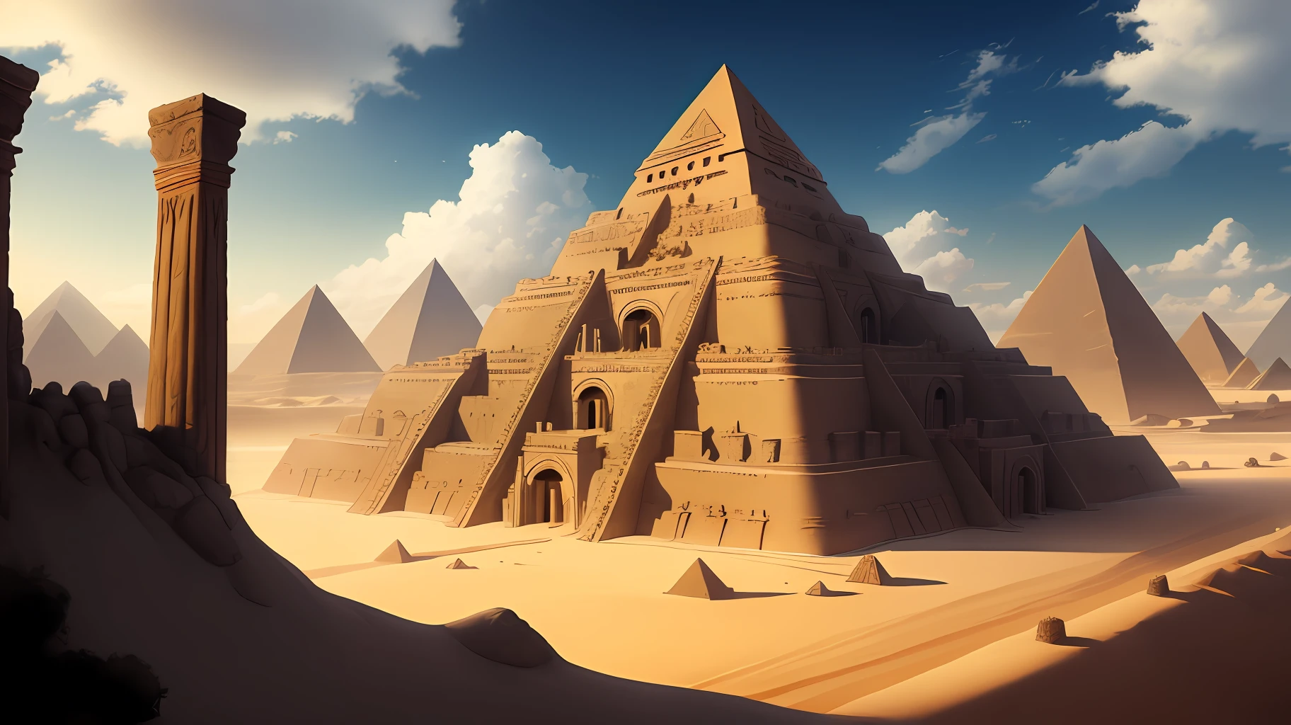landscape with pyramids and mythological monsters around
