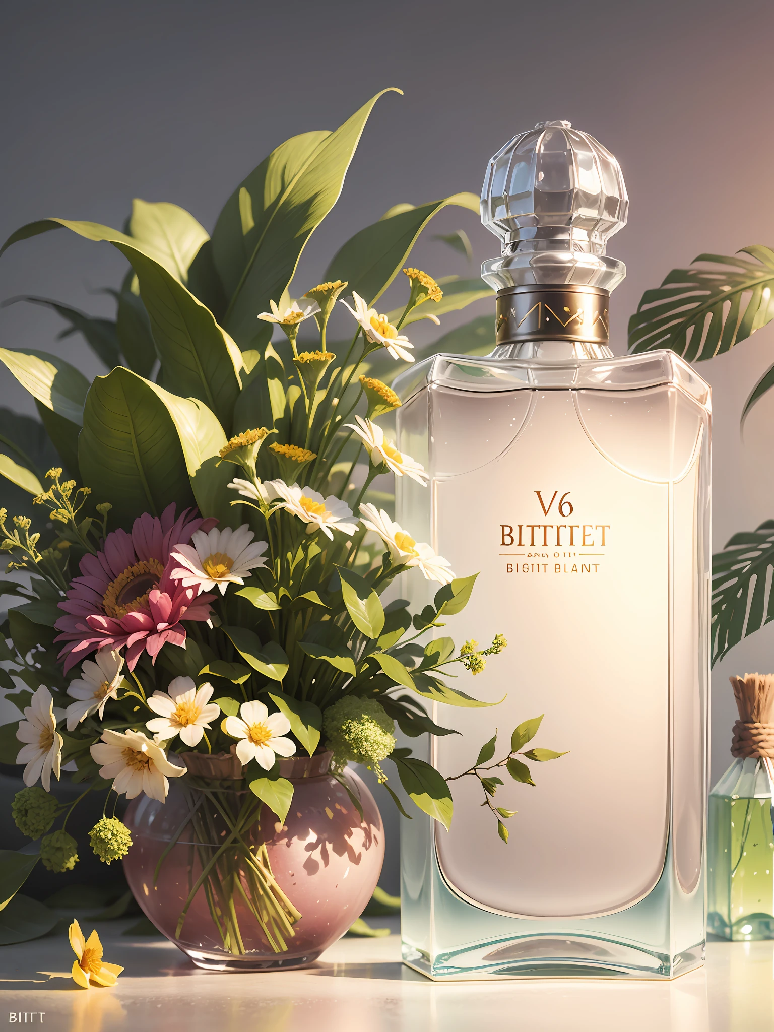 Product photography of a perfume bottle arranged with plants and flowers, realistic, light background, realistic rendering , text on bottle:'bitter" --v 6