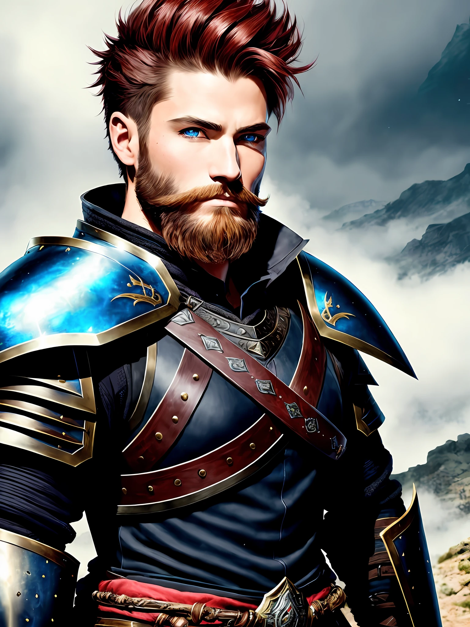 man with short beard, epic rpg portrait, fantasy male portrait, rpg portrait concept art, male warrior, fantasy concept art portrait, epic portrait illustration, detailed character portrait, one human warrior, big black armor with details red, full armor, blue eyes, short hair, holding a black greatsword, brown hair, dungeons and dragons character, serious