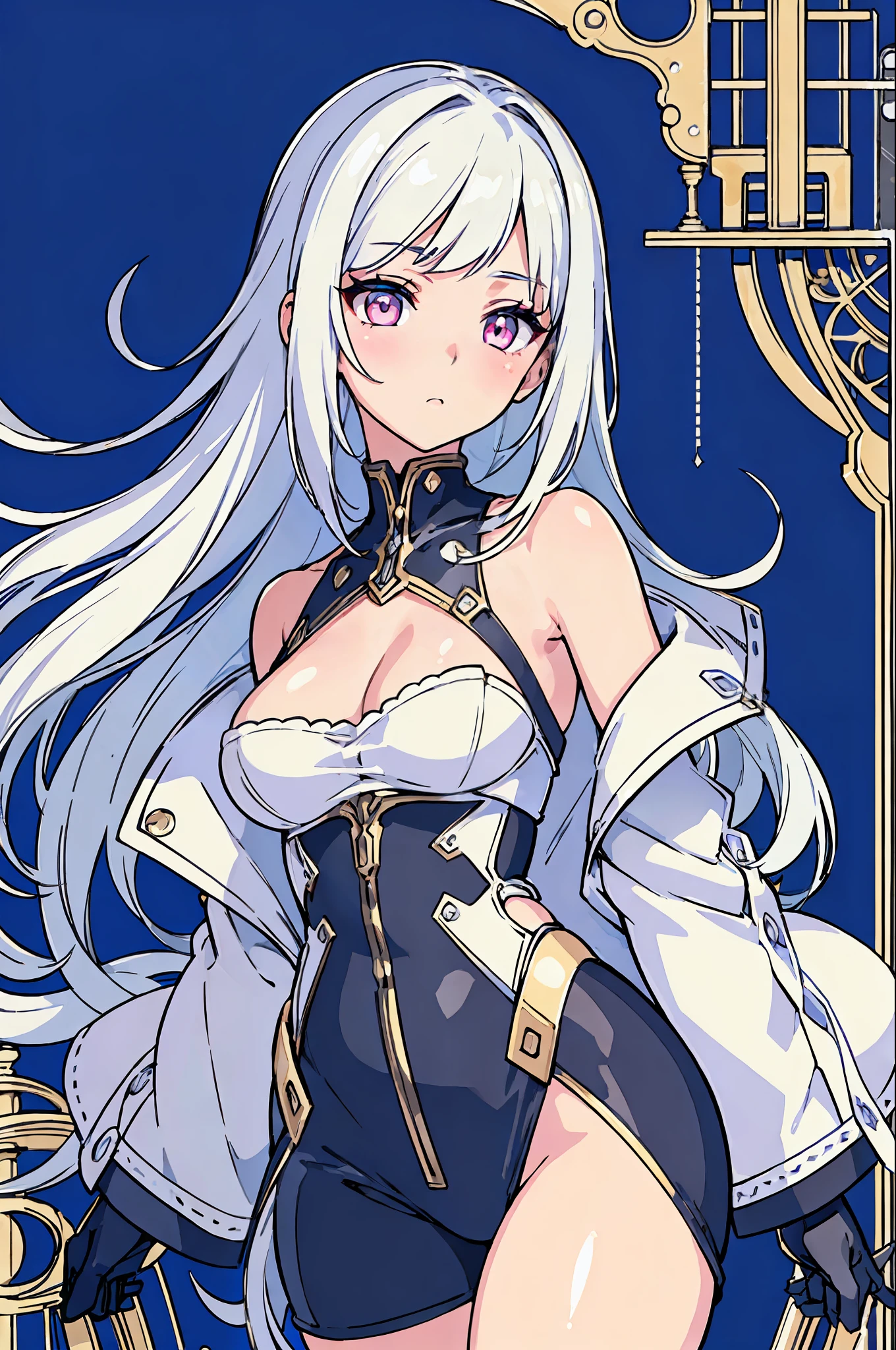 (masterpiece),(best quality), girl,((ultra-detailed)), (highly detailed CG illustration),(expressionless),random wear,, nsfw,, (masterpiece:1.16), (best quality:1.32),(meticulous_detail),(high resolution:1.1),(best illumination:1.1), (best shadow:1.1), (an extremely delicate and beautiful),(appropriate shading:1.1),(Illustration: 1.1),(Finished:1.1),Overlapping,(appropriate posture),(appropriate configuration),(ultra-precise_construction:1.2),cropping,(Bold Highlighted Outline),(detailed face), (beautiful eyes),(thick_dense_skin:1.16),(ultra-precise skin:1.16),Bold_eyelashes,(soft cheeks:1),White background, 1 girl, Android girl, complicated mechanism, white hair, long hair, pink eyes, luminous eyes, expressionless, off-shoulder suits, (abnormal joints, dotted joints:1.2),Thighs, decadent behavior,luminous joint