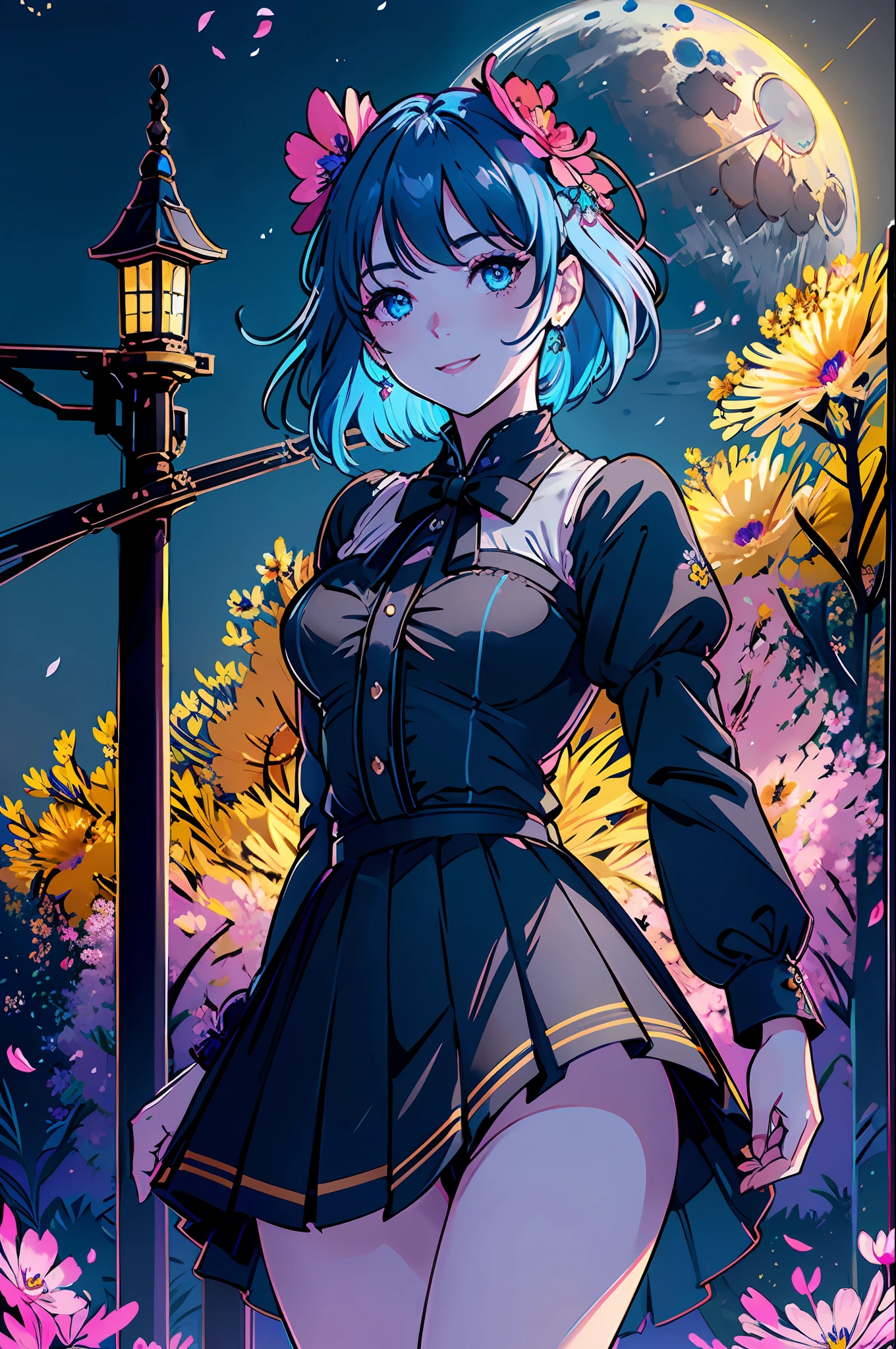 masterpiece, best quality,
1girl, (colorful),(finely detailed beautiful eyes and detailed face),cinematic lighting,bust shot,extremely detailed CG unity 8k wallpaper, blue hair,solo,smile,intricate skirt,sexy black underwear ((flying petal)),(Flowery meadow)
sky, cloudy_sky, building, moonlight, moon, night, (dark theme:1.3), light, fantasy,