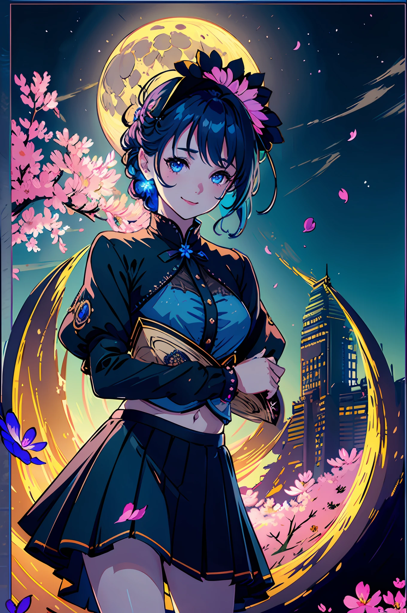 masterpiece, best quality,
1girl, (colorful),(finely detailed beautiful eyes and detailed face),cinematic lighting,bust shot,extremely detailed CG unity 8k wallpaper, blue hair,solo,smile,intricate skirt,sexy black underwear ((flying petal)),(Flowery meadow)
sky, cloudy_sky, building, moonlight, moon, night, (dark theme:1.3), light, fantasy,