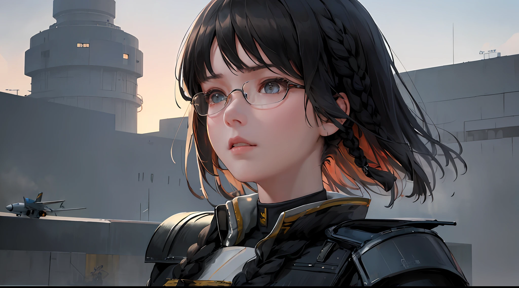A masterpiece, referring to the uniform of a modern-day US Army Commander: 1.5, serious face, 24-year-old woman, short stature, flat chest, dark eyes, dark hair, wearing thick red glasses, dressed modestly. a standing military commander In the middle of the runway and watching the plane take off,(double braids and bangs : 1.8),(most realistic details of facial features and eyes), masterpiece, realistic, sci-fi science fiction, beautiful eyes. , Realistic sci-fi movies, (remote camera angles), CG face decoration, realistic