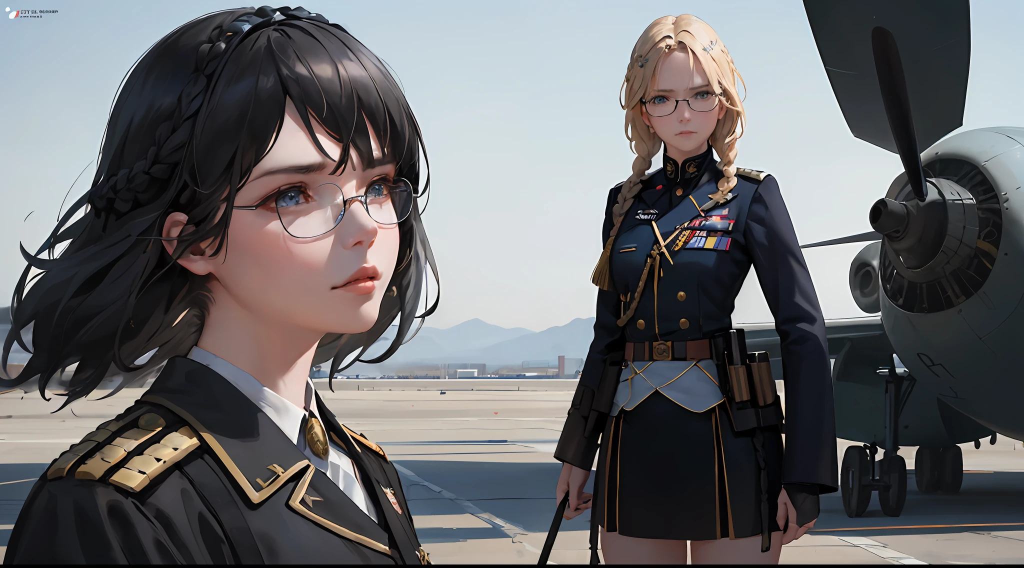 A masterpiece, referring to the uniform of a modern-day US Army Commander: 1.5, serious face, 24-year-old woman, short stature, flat chest, dark eyes, dark hair, wearing thick red glasses, dressed modestly. a standing military commander In the middle of the runway and watching the plane take off,(double braids and bangs : 1.8),(most realistic details of facial features and eyes), masterpiece, realistic, sci-fi science fiction, beautiful eyes. , Realistic sci-fi movies, (remote camera angles), CG face decoration, realistic