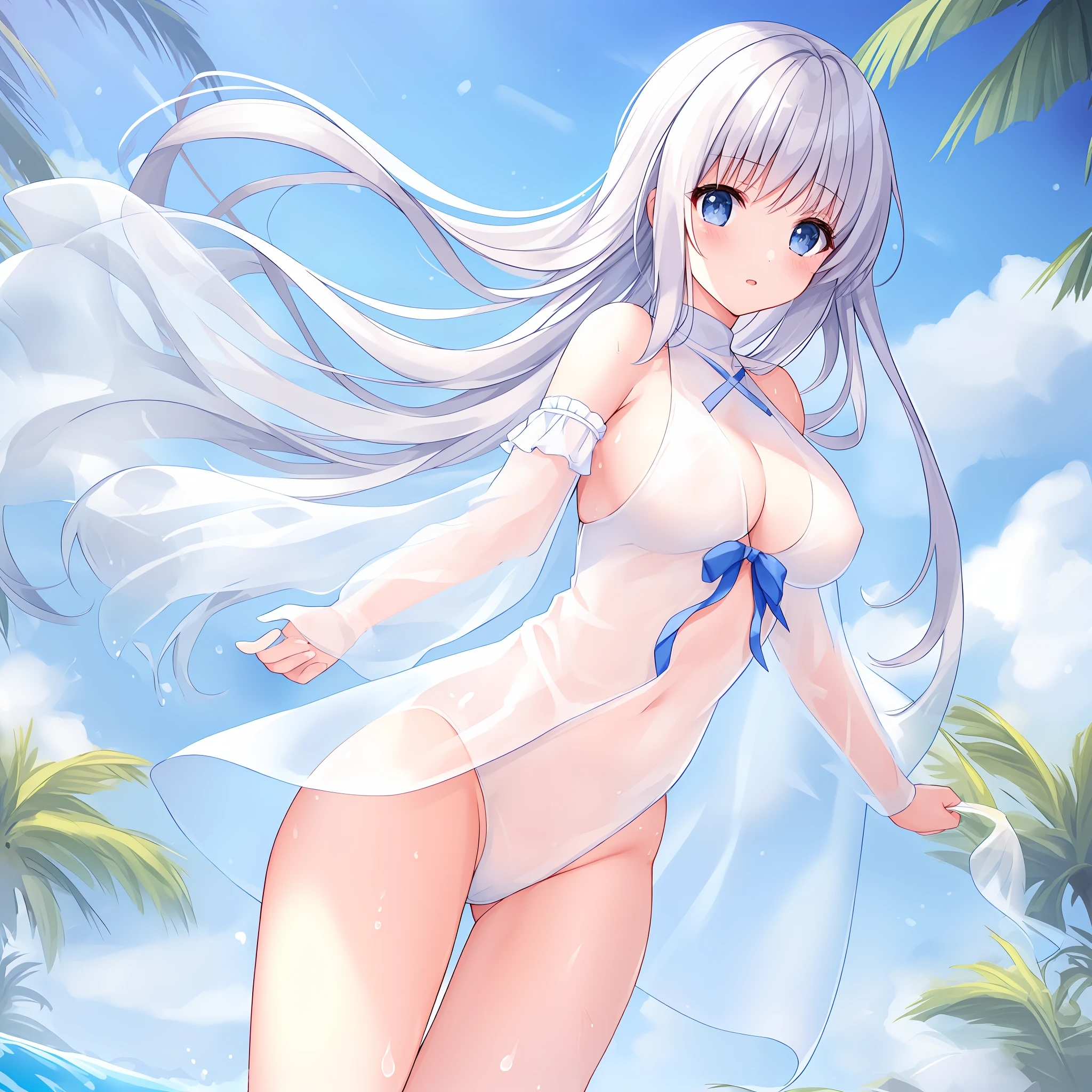 Please write "A beautiful girl wearing nothing but a transparent white swimsuit when wet"