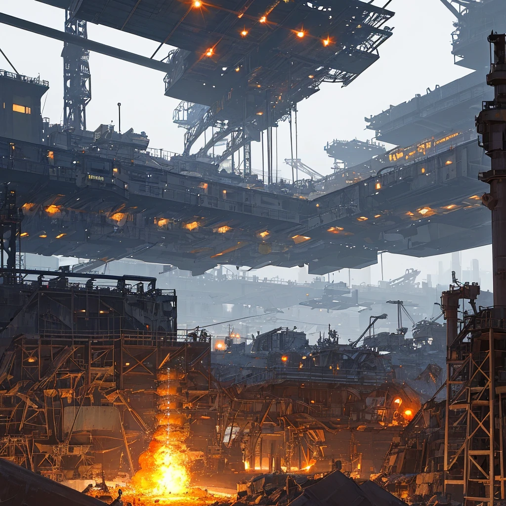 Scene of spaceships being disassembled for scrap at galactic shipyard,cinematic lighting,welding torches