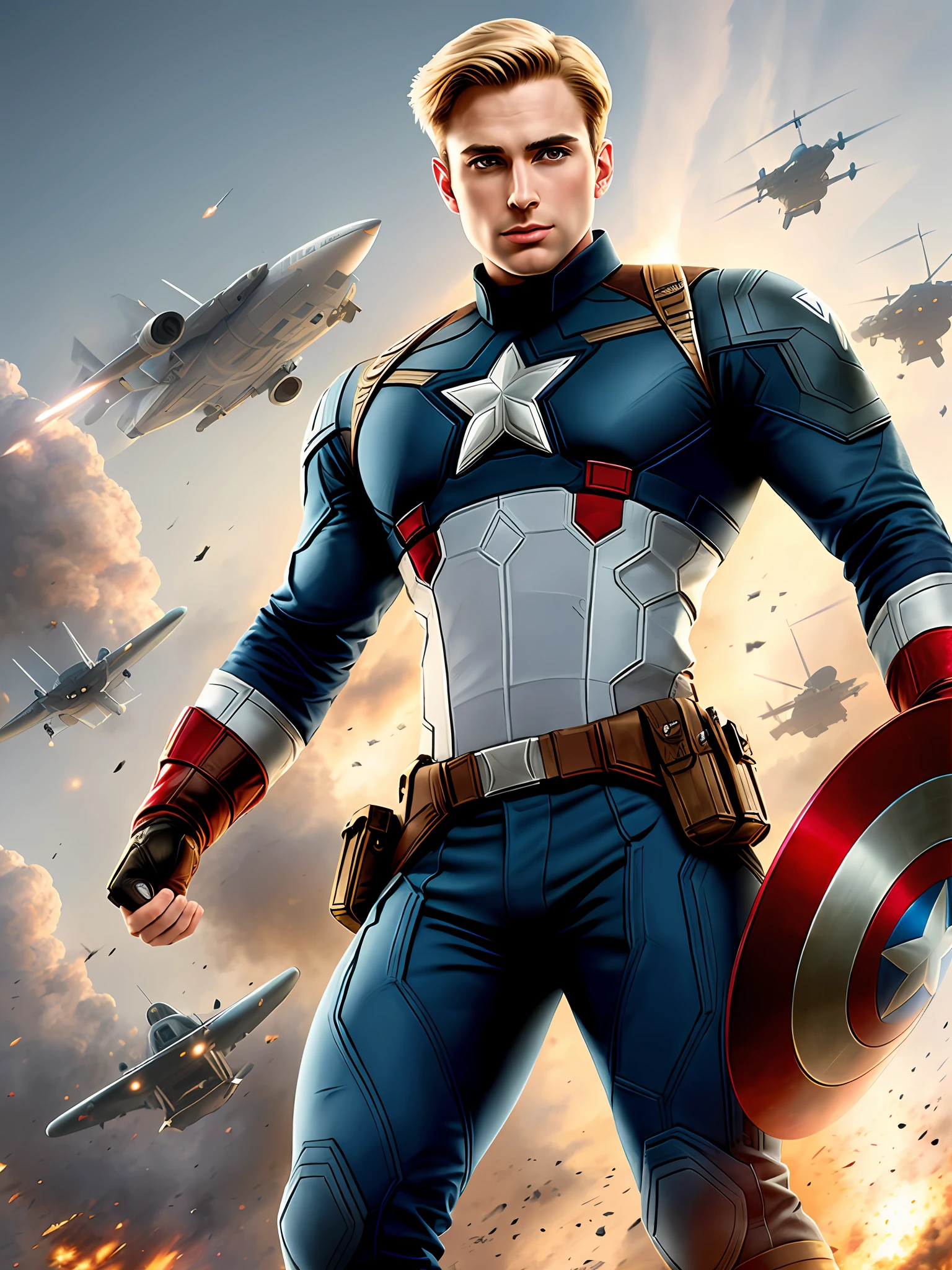 (masterpiece, best quality, super detailed, best shadows), (detailed background,) sci-fi liberator captain america blond young strong confident strong healthy military uniform man