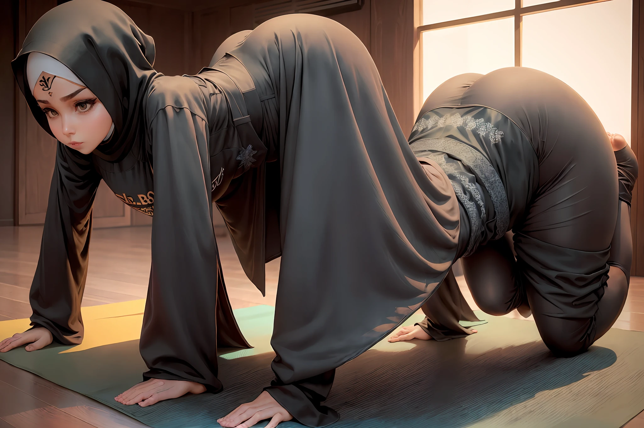 , (((tight abaya covers all body))), (((fully clothed))) ,((( knees down))), butt up, cute woman,, ((( downward dog yoga position))) , from the side