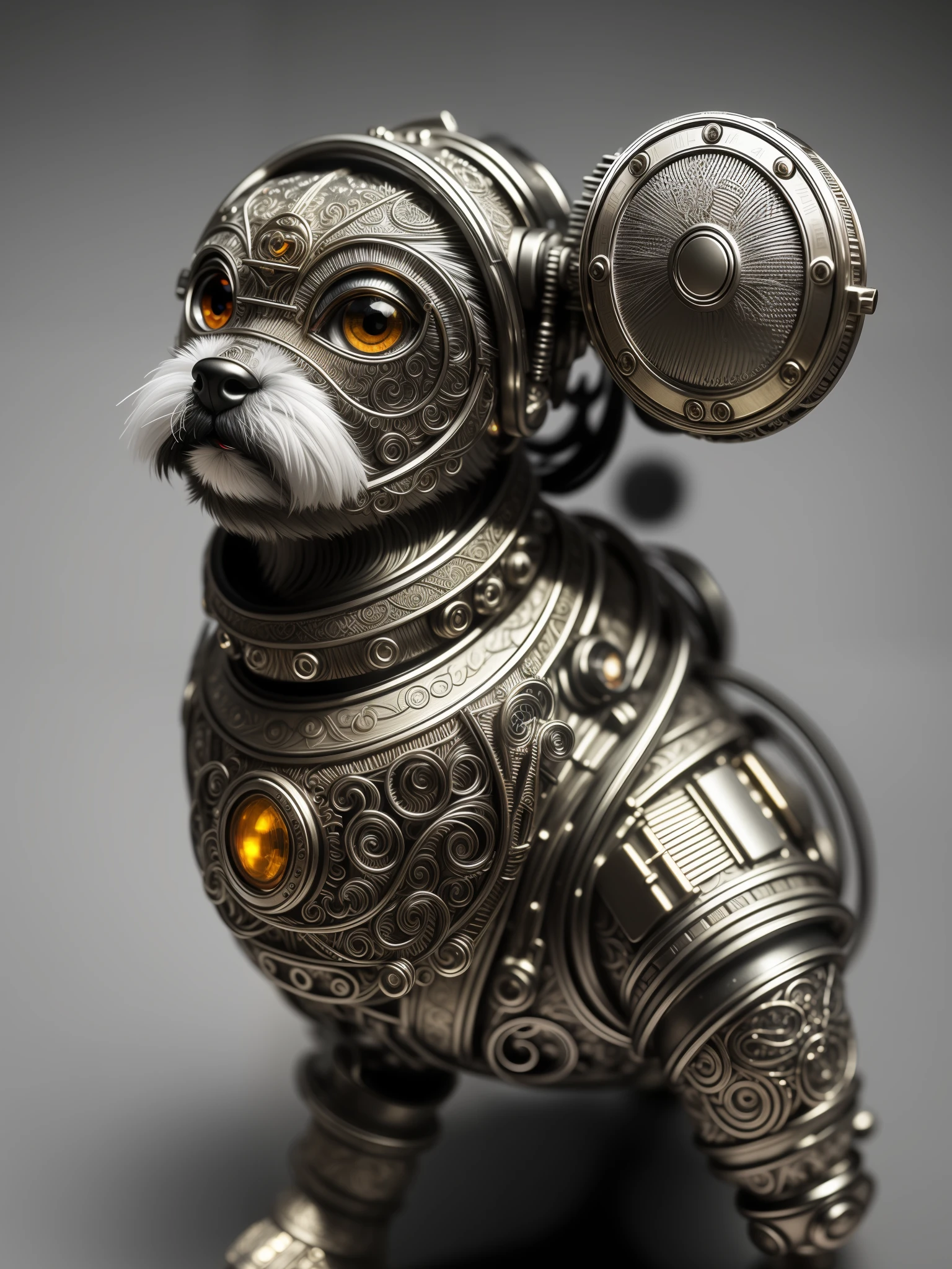 a beautiful Shitzu made of metal, (cyborg:1.1), ([tail | detailed wire]:1.3), (intricate detail), hdr, (intricate detail, hyperdetailed:1.2), cinematic shot, vignette, centered