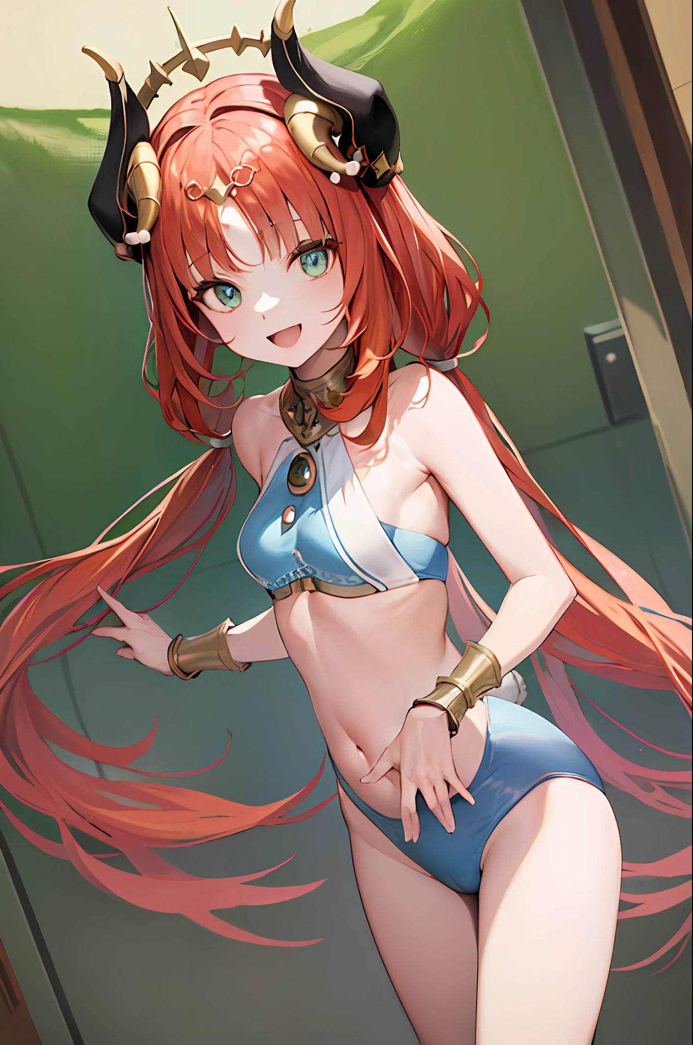 (Realistic painting style: 1.1), Bunny suit, masterpiece, best quality, nilou (genshin impact), aqua eyes, nilou (genshin impact), fake horns, 1 girl, solo, red hair, smile, long hair, horns , bangle, looking at viewer, bangs, two pigtails, open mouth, :d, parted bangs, raised arm, breasts, outdoors, hair ornament, low pigtails, floating hair, hair flower, hand up, ballerina, small breasts, stomach, blue bow, very long hair, playboy_bunny