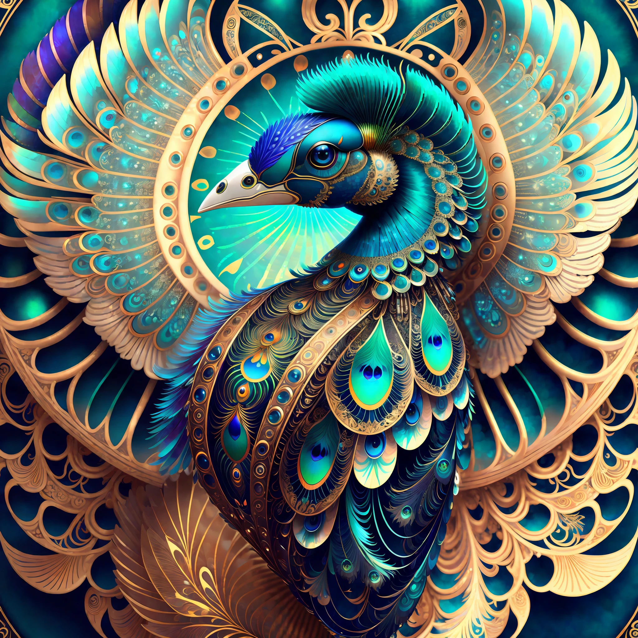 android mechnical peacock,robot wings,earnst haeckel, james jean. generative art, baroque, intricate patterns, fractalism, movie still, photorealistic, vibrant peacock feathers, intricate, elegant, highly detailed, digital painting, artstation, smooth, sharp focus, illustration, outrun, vaporware,full body shot