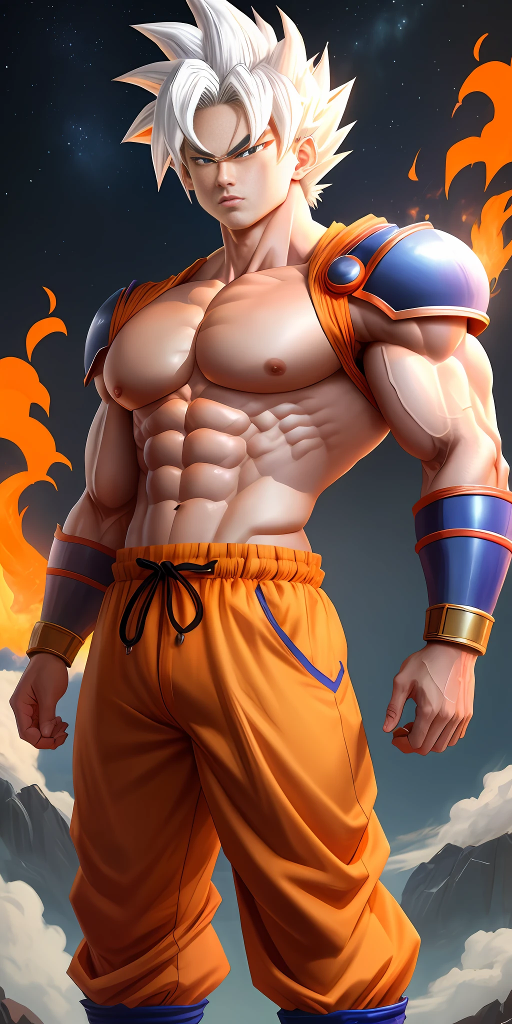 goku dragon ball bodybuilder, beautiful face, serious face, white hair, red eyes, perfect body, fit body, abs, big breasts, muscular,blue and orange armor