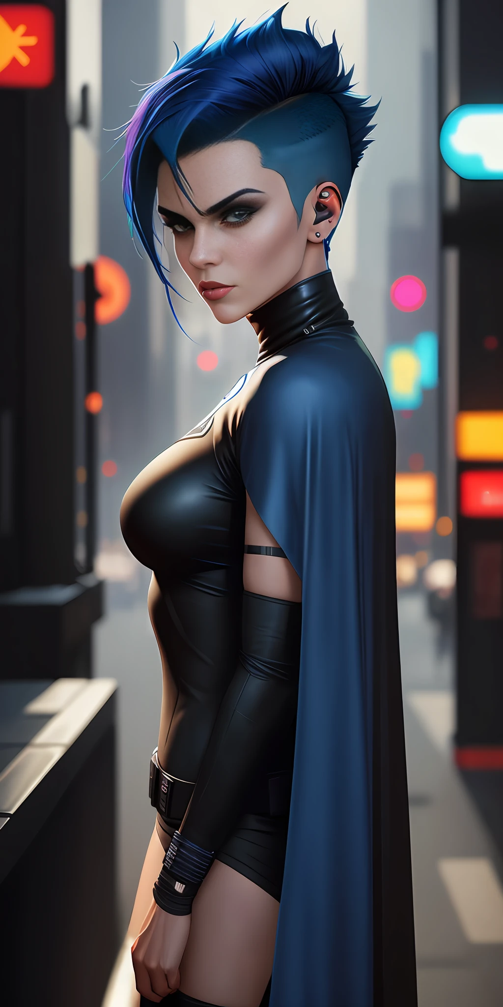 Wearing a long black cape and a turtle neck t-shirt, Butcher Billy, Very High Angle, Shaved Sides Short Blue Hair, In the Future City, Cyberpunk 2077 , Aeon Flux, UHD, 8K