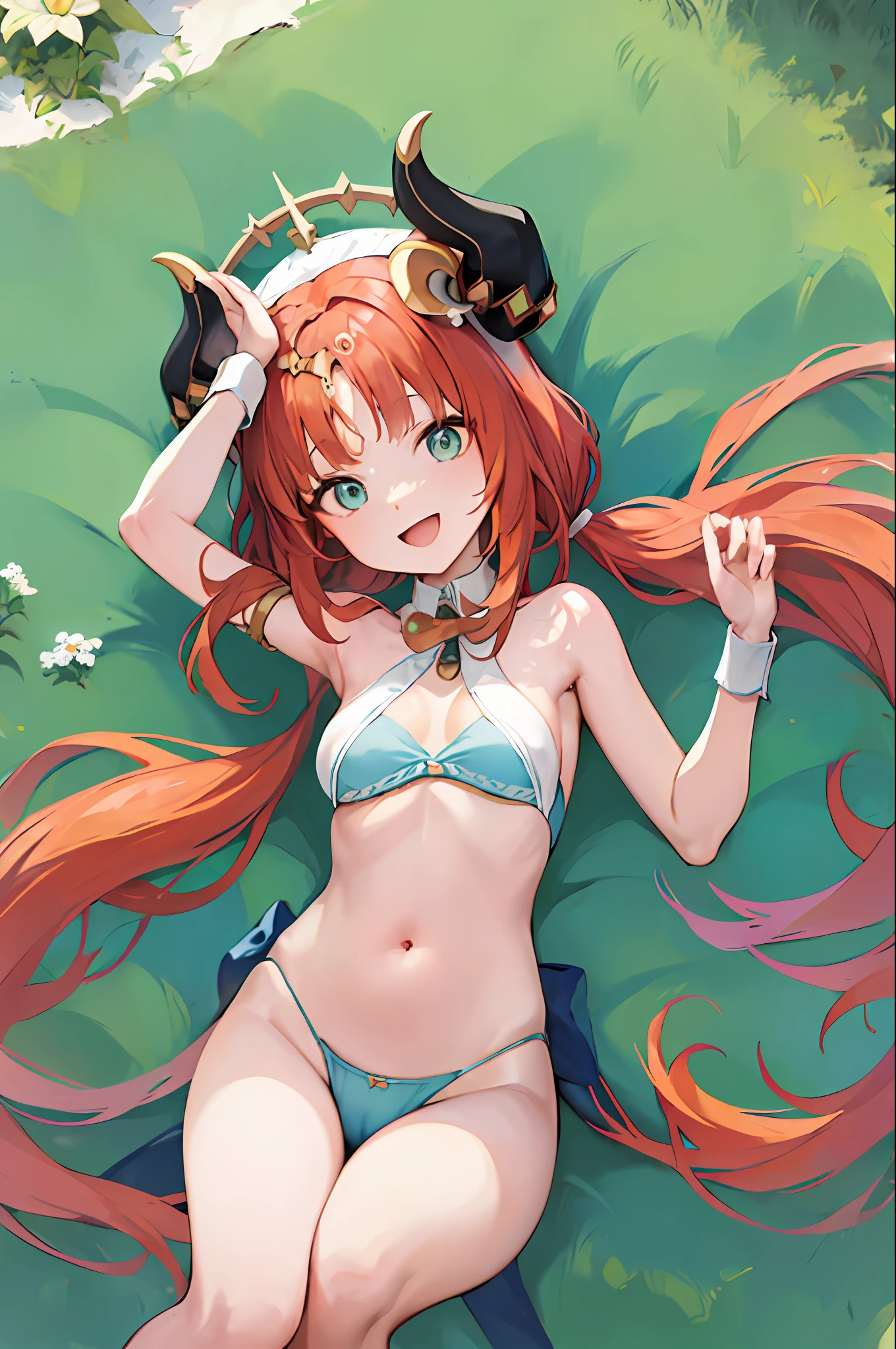 (Realistic painting style: 1.1), Bunny suit, masterpiece, best quality, nilou (genshin impact), aqua eyes, nilou (genshin impact), fake horns, 1 girl, solo, red hair, smile, long hair, horns , bangle, looking at viewer, bangs, two pigtails, open mouth, :d, parted bangs, raised arm, breasts, outdoors, hair ornament, low pigtails, floating hair, hair flower, hand up, ballerina, small breasts, stomach, blue bow, very long hair, playboy_bunny
