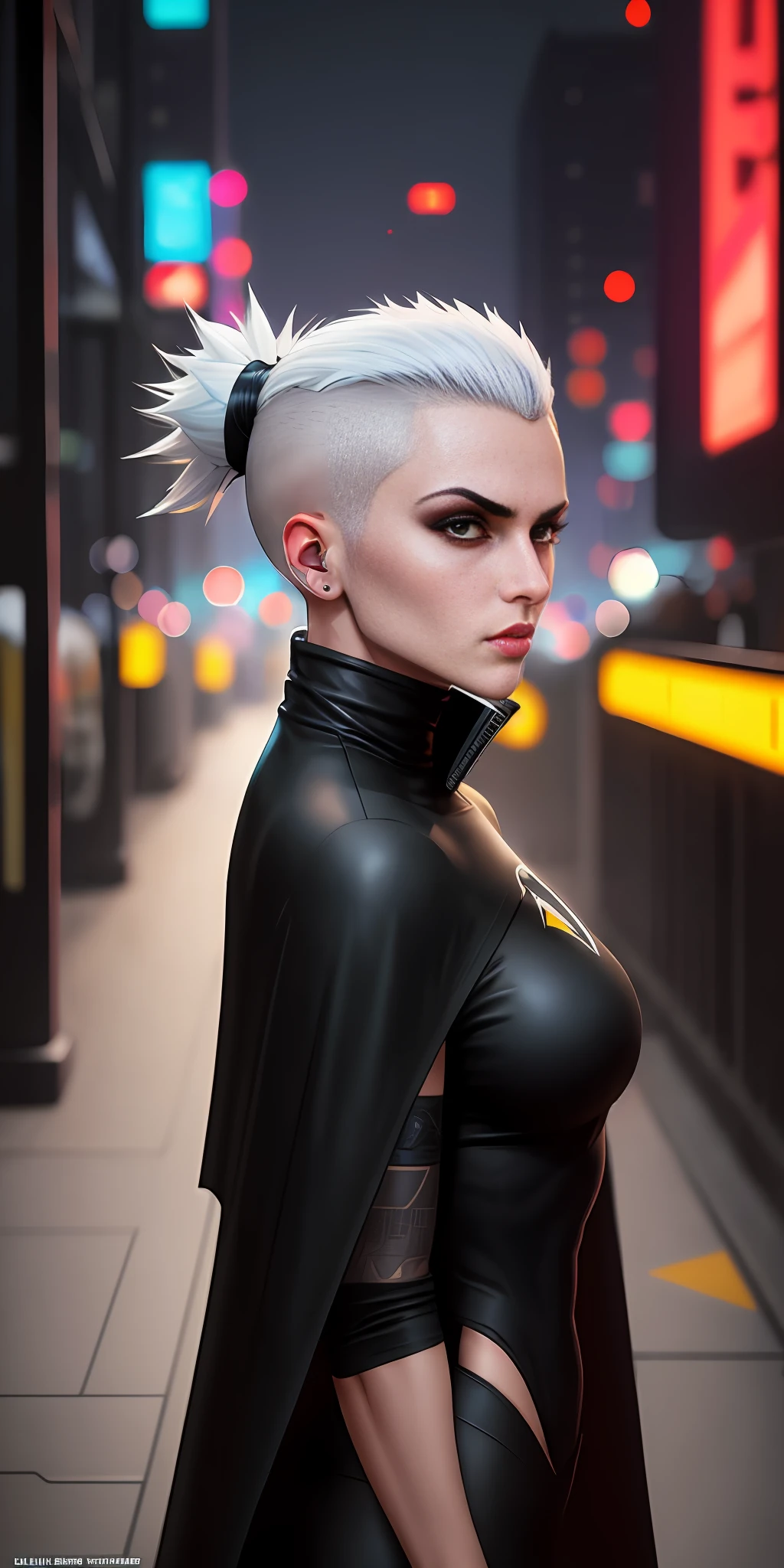 Wearing long black cape and turtleneck T-shirt, Butcher Billy, very high angle, shaved sides, short white hair, In Future City, Cyberpunk 2077, Aeon Flux, UHD, 8K