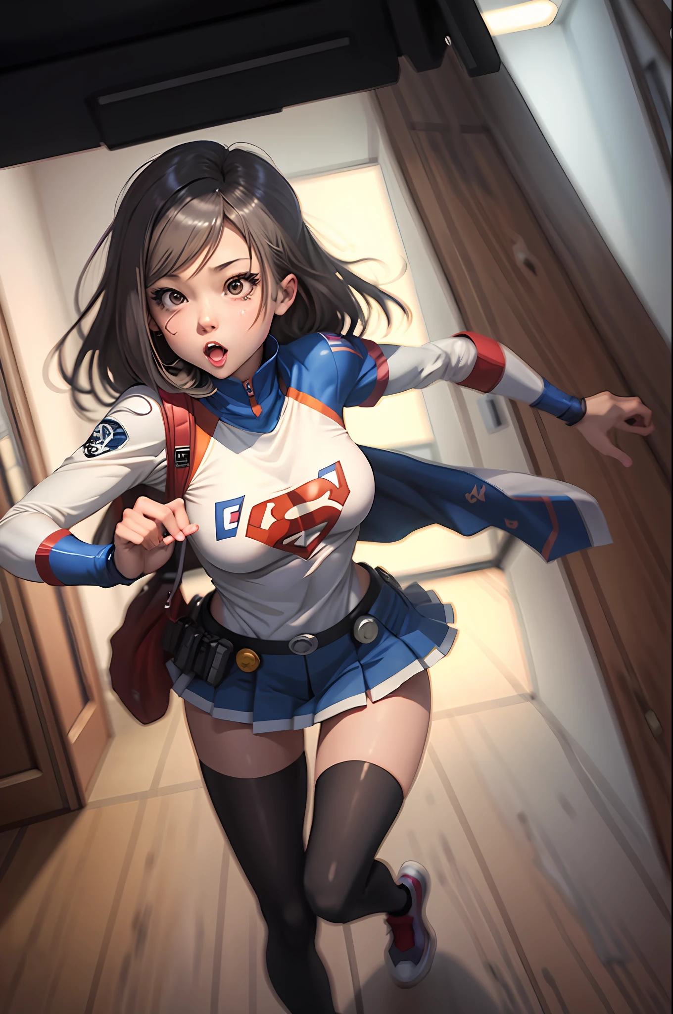 supergirl running in a hallway with a tv in the background, anime girl is running, (sfw) safe for work, marin kitagawa fanart, digital anime illustration, commission for high resolution, high quality artwork, art style anime moe, high quality fanart, in anime style, in an anime style, urban girl fanart, modern anime style, realistic anime style
