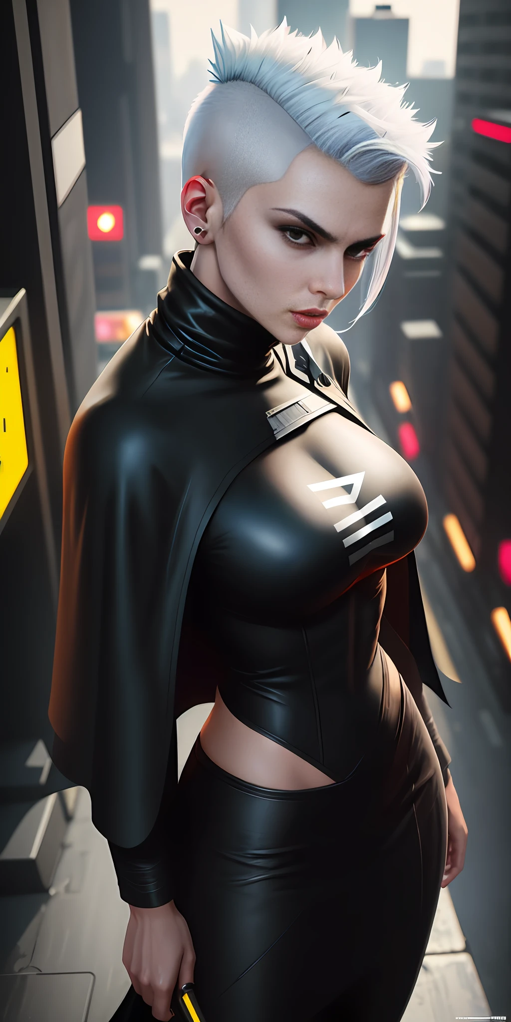Wearing long black cape and turtleneck T-shirt, Butcher Billy, very high angle, shaved sides, short white hair, In Future City, Cyberpunk 2077, Aeon Flux, UHD, octane render, 16k