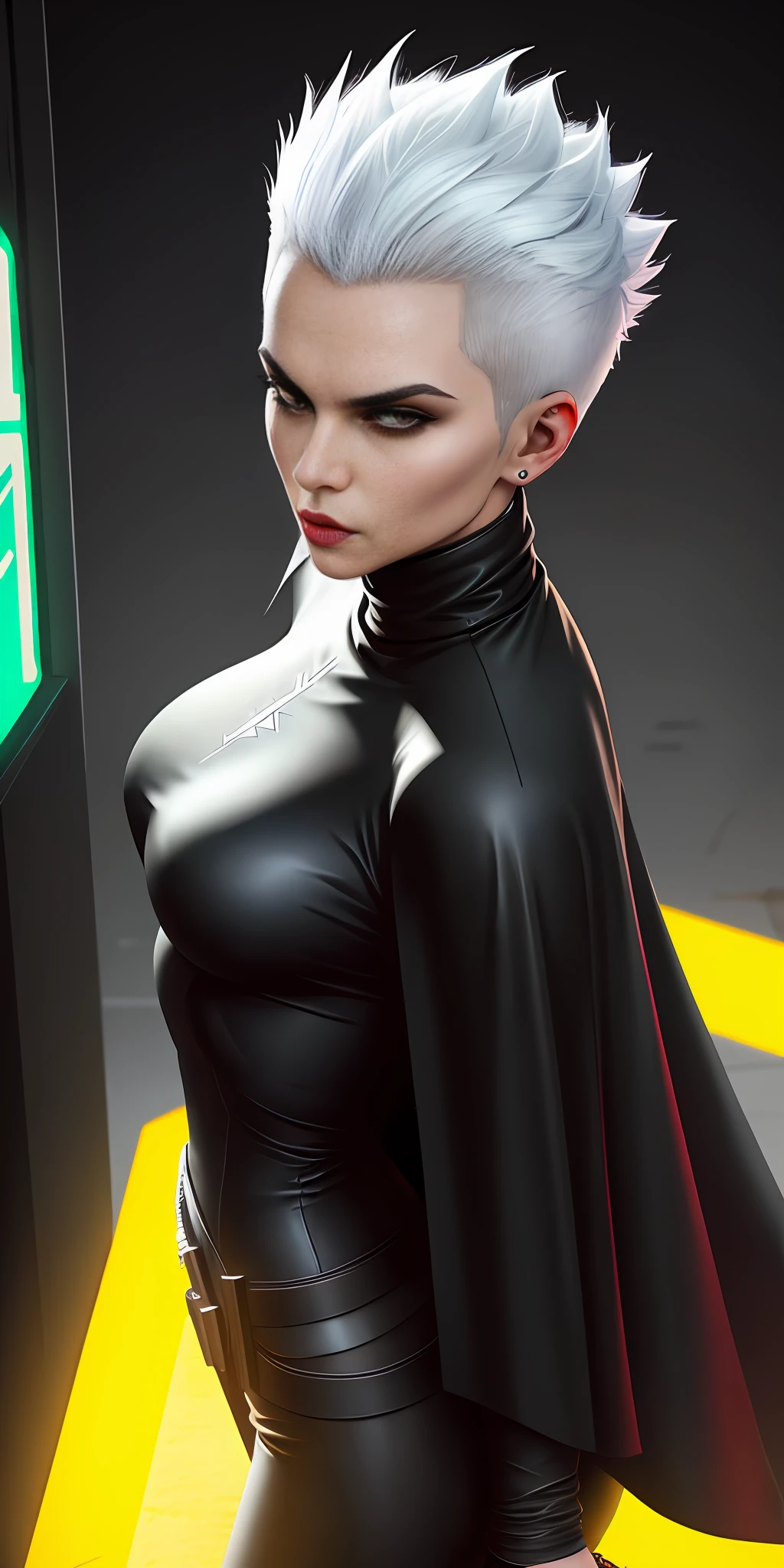 Wearing long black cape and turtleneck T-shirt, Butcher Billy, very high angle, shaved sides, short white hair, In Future City, Cyberpunk 2077, Aeon Flux, UHD, octane render, 16k