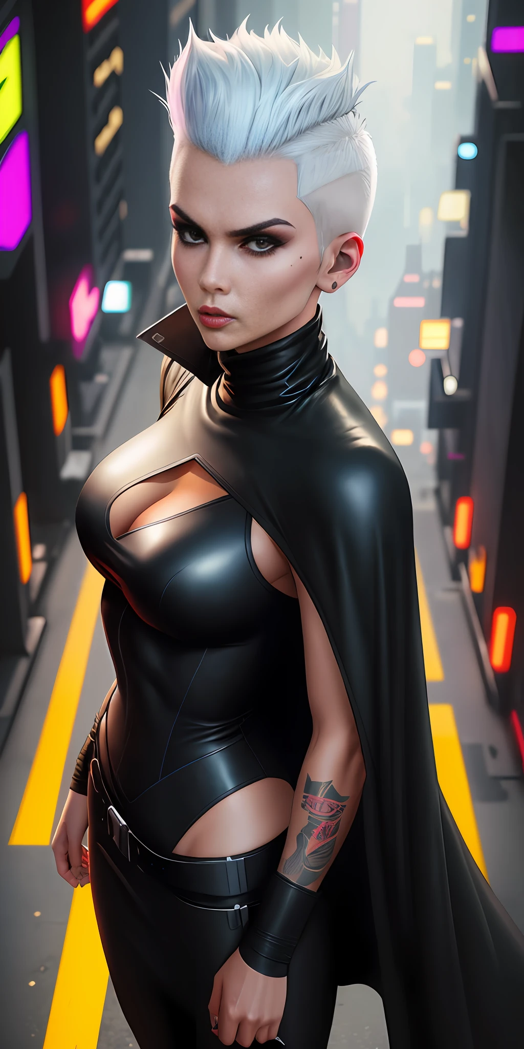 Wearing long black cape and turtleneck T-shirt, Butcher Billy, very high angle, shaved sides, short white hair, In Future City, Cyberpunk 2077, Aeon Flux, UHD, unreal engine, 8K