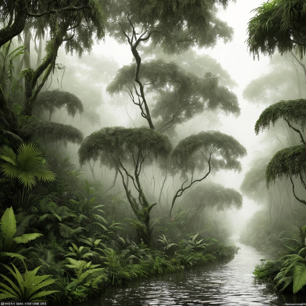A humid tropical jungle, with heavy rain, monochrome, vines all around, giant wet trees, masterpiece, best quality, high quality, 8k CG wallpaper, extremely detailed, oil painting, award winning photography, Bokeh, Depth of Field, HDR, bloom, Chromatic aberration, photorealistic, extremely detailed, trending on artstation, trending on CGsociety, intricate, high detail, dramatic, mid-journey art, volumetric lighting. Image size: 960 x 536