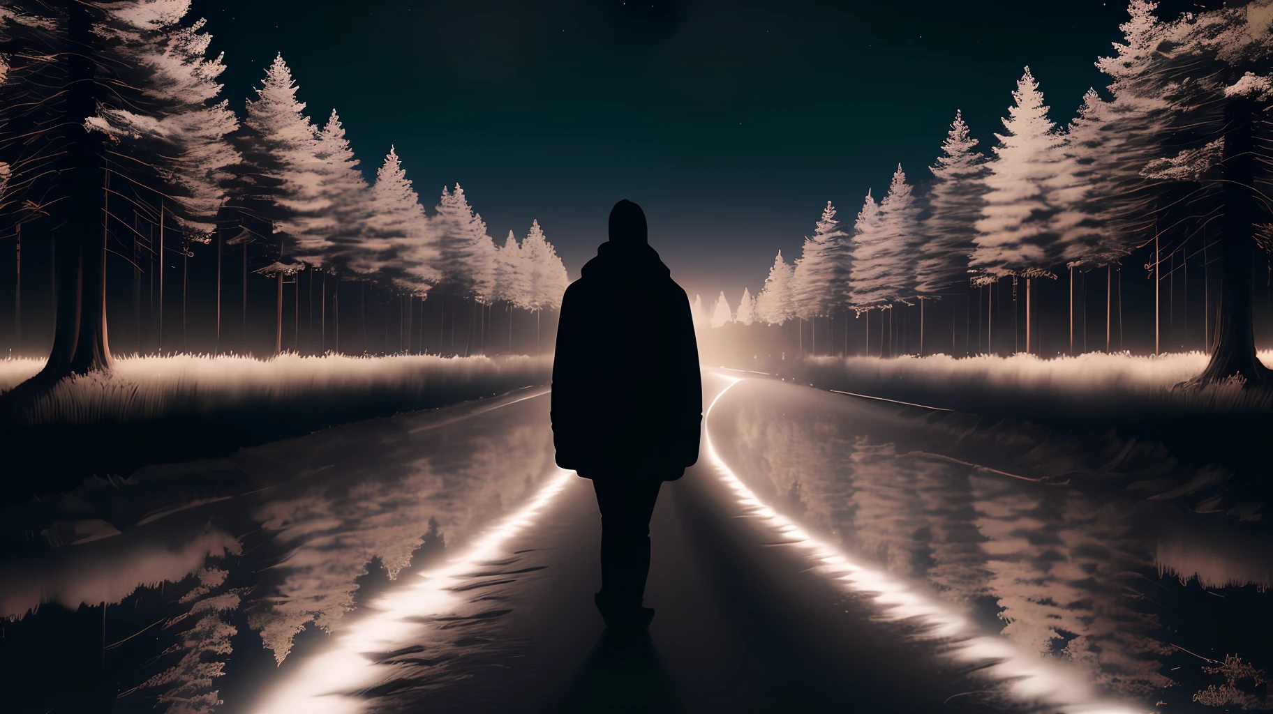 Generate an image with a dark night scenery, with silhouettes of trees and bushes, high quality 8k image, ultra realistic details.