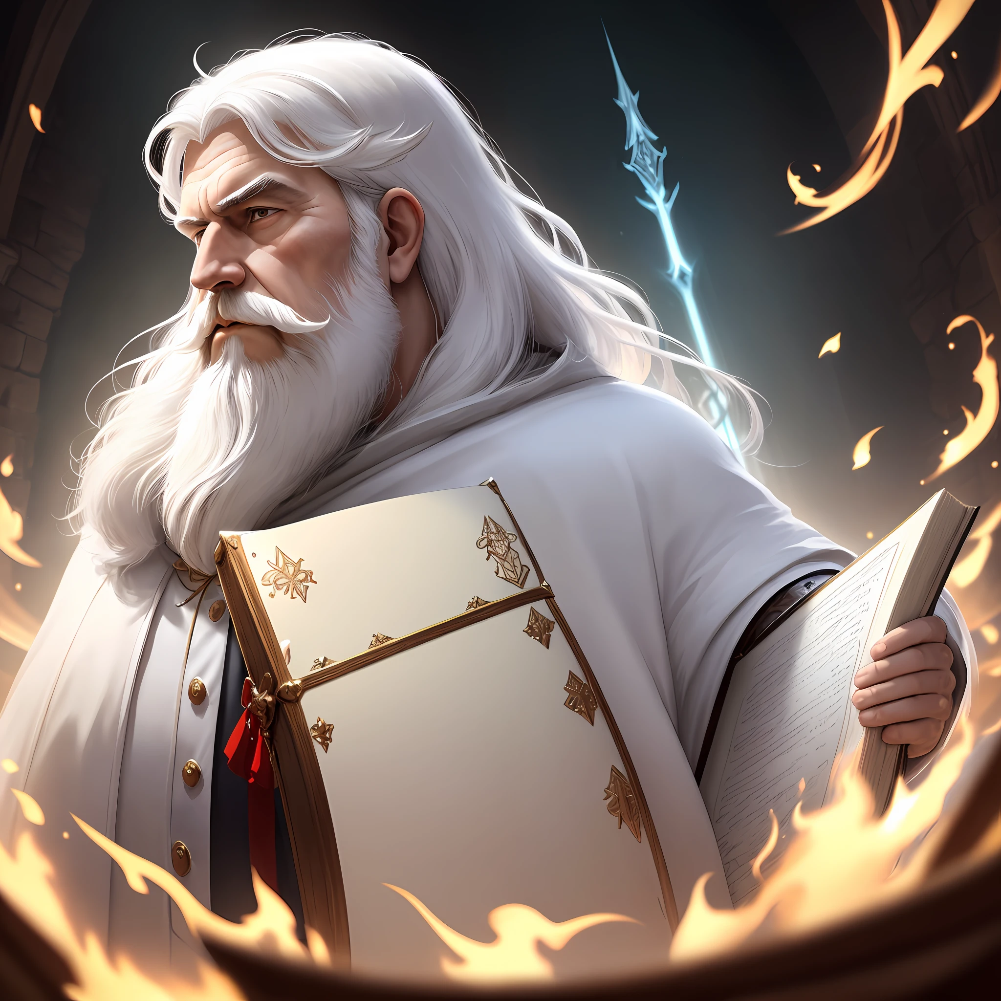 puffy image of a man with a white beard holding a large book, god concept art, image of a cleric, the god emperor of mankind, portrait of the emperor of mankind, holy fire spell art, cleric, gandalf the white, time of the father, ((god king of art ai)), official concept art, pixiv contest winner, white haired deity, in front of him a huge crowd