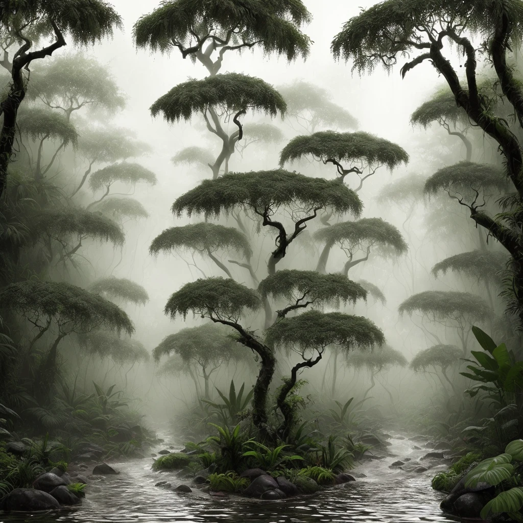 A humid tropical jungle, with heavy rain, monochrome, vines around, flowering (avatar style) and wet trees, masterpiece, best quality, high quality, 8k CG wallpaper, extremely detailed, oil painting, award winning photography, Bokeh, Depth of Field, HDR, bloom, Chromatic Aberration, Photorealistic, Extremely Detailed, Trending on Artstation, Trending on CGsociety, Intricate, High Detail, Dramatic, Mid-Journey Art, Volumetric Lighting. Image size: 960 x 536