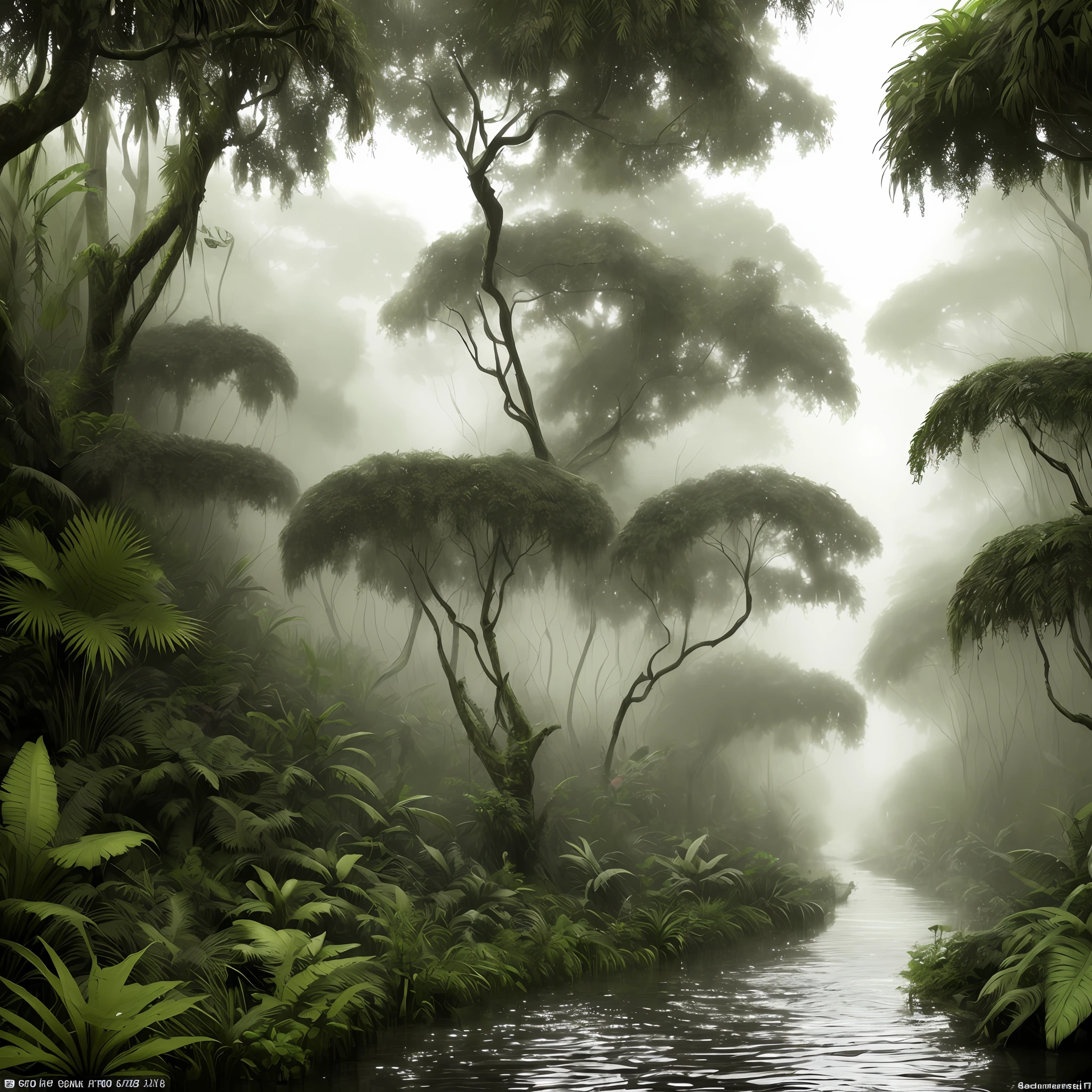 A humid tropical jungle, with heavy rain, monochrome, vines all around, giant wet trees, masterpiece, best quality, high quality, 8k CG wallpaper, extremely detailed, oil painting, award winning photography, Bokeh, Depth of Field, HDR, bloom, Chromatic aberration, photorealistic, extremely detailed, trending on artstation, trending on CGsociety, intricate, high detail, dramatic, mid-journey art, volumetric lighting. Image size: 960 x 536