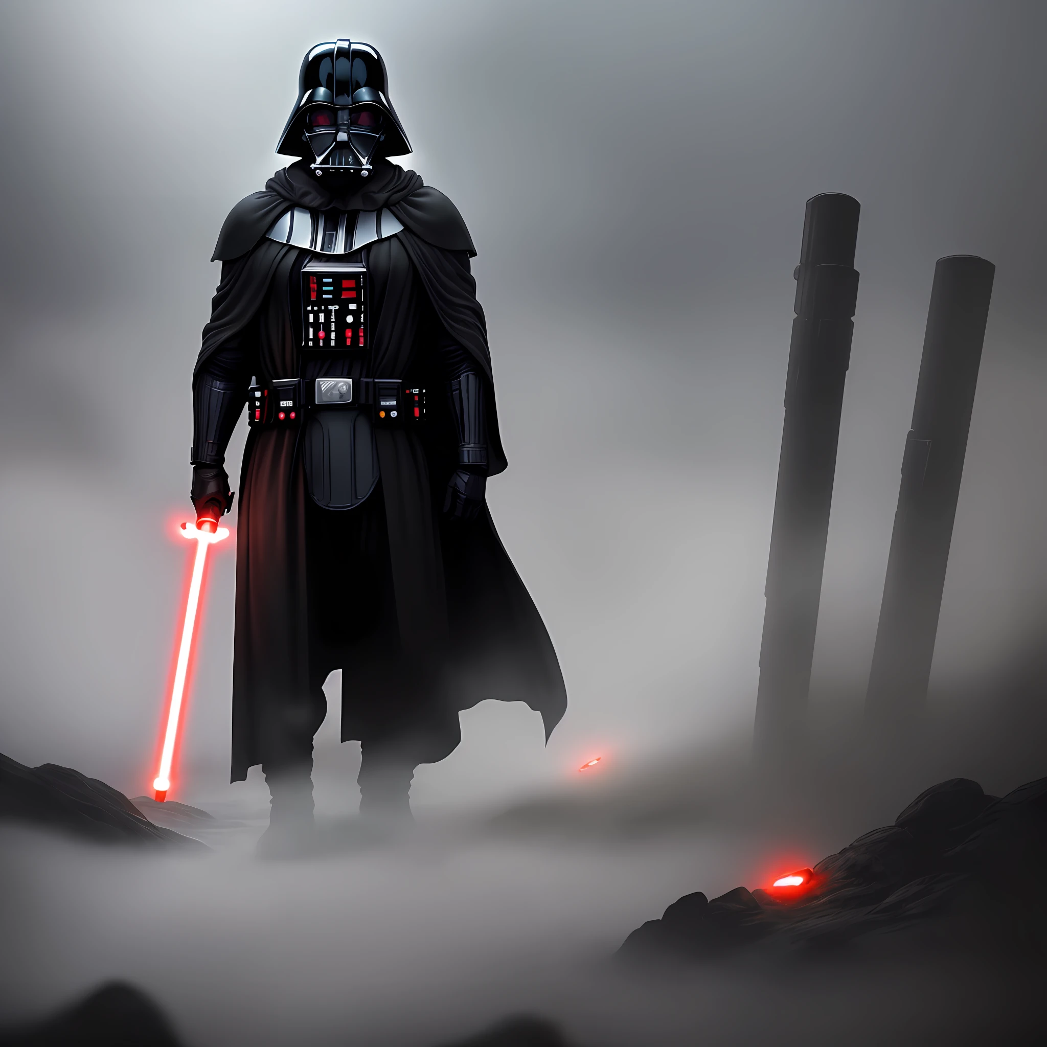 "Steven Spielberg style, Darth Vader with red lightsaber, full body, ultra realistic, standing in mist."