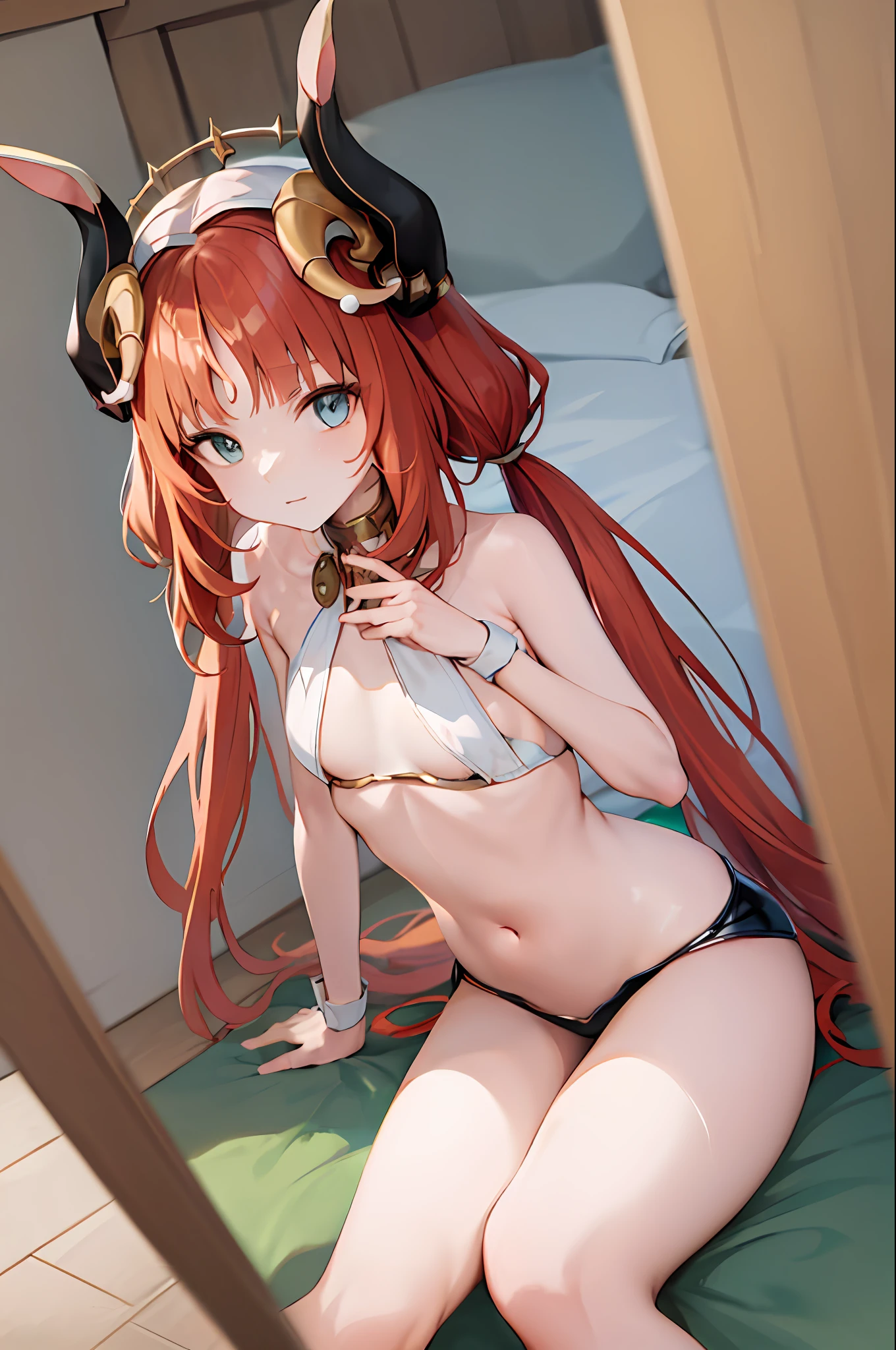 nilou (genshin impact), aquamarine eyes, nilou (genshin impact), fake horns, 1 girl, solo, red hair, long hair, horns, looking at viewer, bangs, two pigtails, split bangs, breasts, hair ornament, pigtails shorts, flower of hair, hand up, small breasts, stomach, very long hair, bunny suit, wearing a bunny suit, realistic bikini, pointy rabbit ears, shiny latex, big hips, realistic - anime