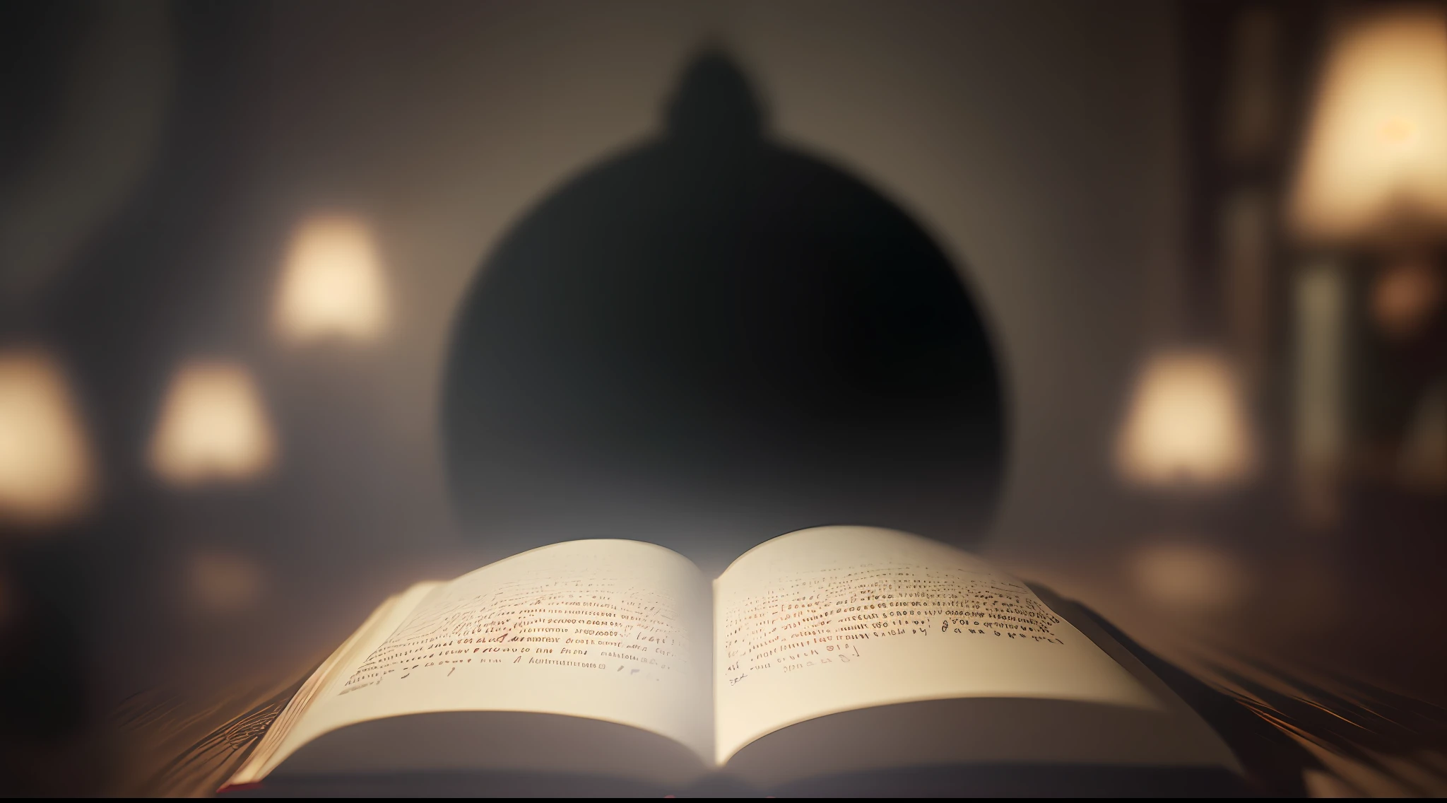 (Extremely high quality, ultra-realistic details, 8k image of open old book) + (Mysterious and blurry figure in the background) + (Darkness, detailed shadows, dynamic angle, mysterious scene, suspense)