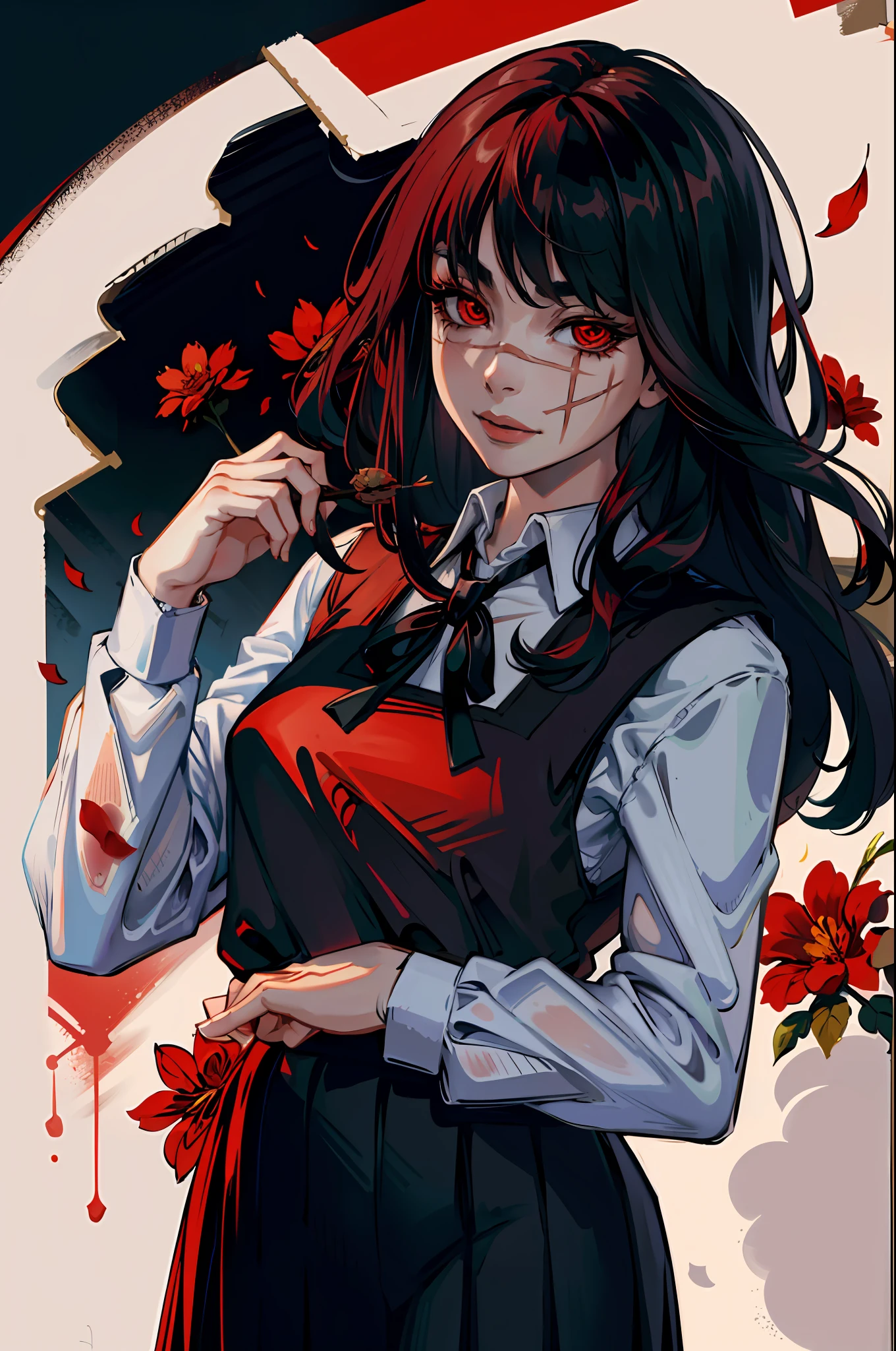 (masterpiece, best quality), yoru, 1girl, long hair, red eyes, scar on face, ringed eyes, pinafore dress, black belt, black ribbon, smile, dark background, red flower, looking at viewer, blood, (wallpaper), (8k hd), black belt, blood drops, (holding red flower:1.2), petals,