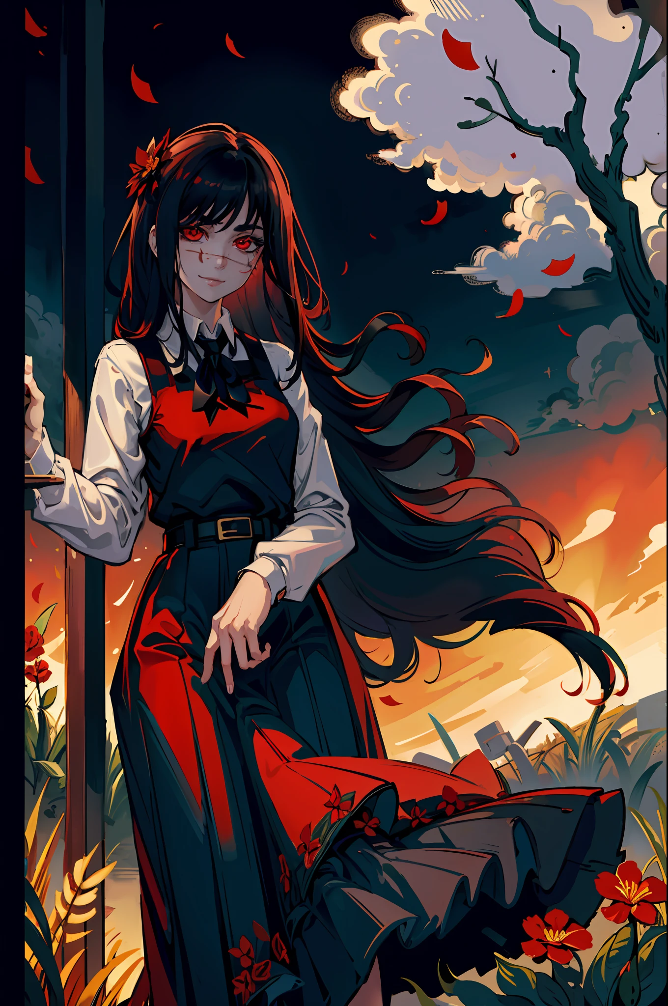 (masterpiece, best quality), yoru, 1girl, long hair, red eyes, scar on face, ringed eyes, pinafore dress, black belt, black ribbon, smile, dark background, red flower, looking at viewer, blood, (wallpaper), (8k hd), black belt, blood drops, (holding red flower:1.2), petals,
