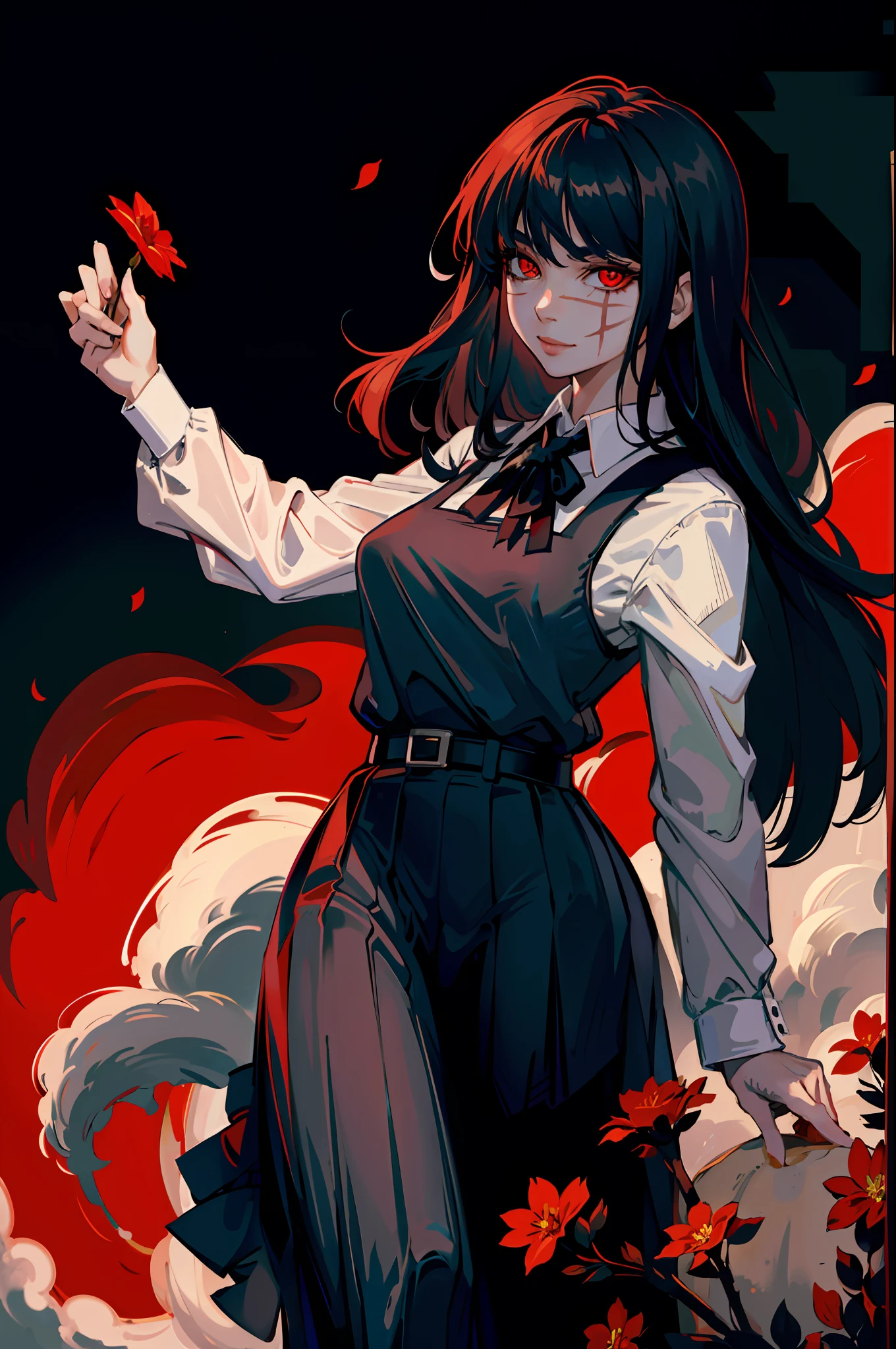 (masterpiece, best quality), yoru, 1girl, long hair, red eyes, scar on face, ringed eyes, pinafore dress, black belt, black ribbon, smile, dark background, red flower, looking at viewer, blood, (wallpaper), (8k hd), black belt, blood drops, (holding red flower:1.2), petals,