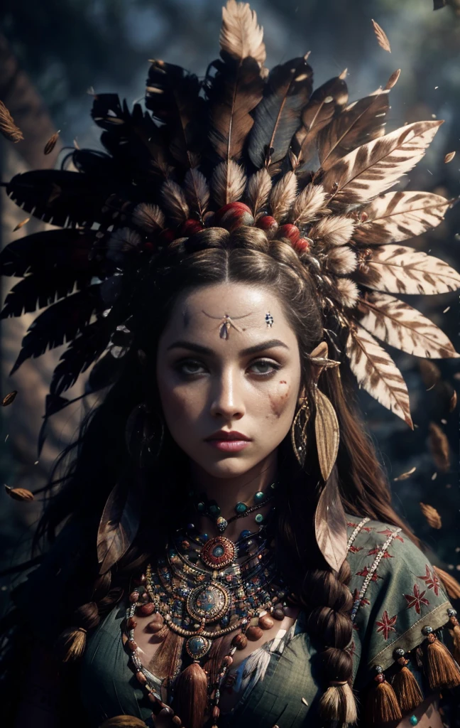 (full portrait), (half shot), solo, detailed background, detailed face, (stonepunkAI, stone theme:1.1), wise, (female), (native american), (beautiful hair, braids:0.2), shaman, septum piercing, mystical, (gorgeous face), stunning, head tilted upwards, (serene expression), calm, Seafoam Green frayed clothes, prayer beads, tribal jewelry, feathers in hair, headdress:0.33, jade, obsidian, detailed clothing, cleavage, realistic skin texture, (floating particles, water swirling, embers, ritual, whirlwind, wind:1.2), sharp focus, volumetric lighting, good highlights, good shading, subsurface scattering, intricate, highly detailed, ((cinematic)), dramatic, (highest quality, award winning, masterpiece:1.5), (photorealistic:1.5), (intricate symmetrical warpaint:0.5),