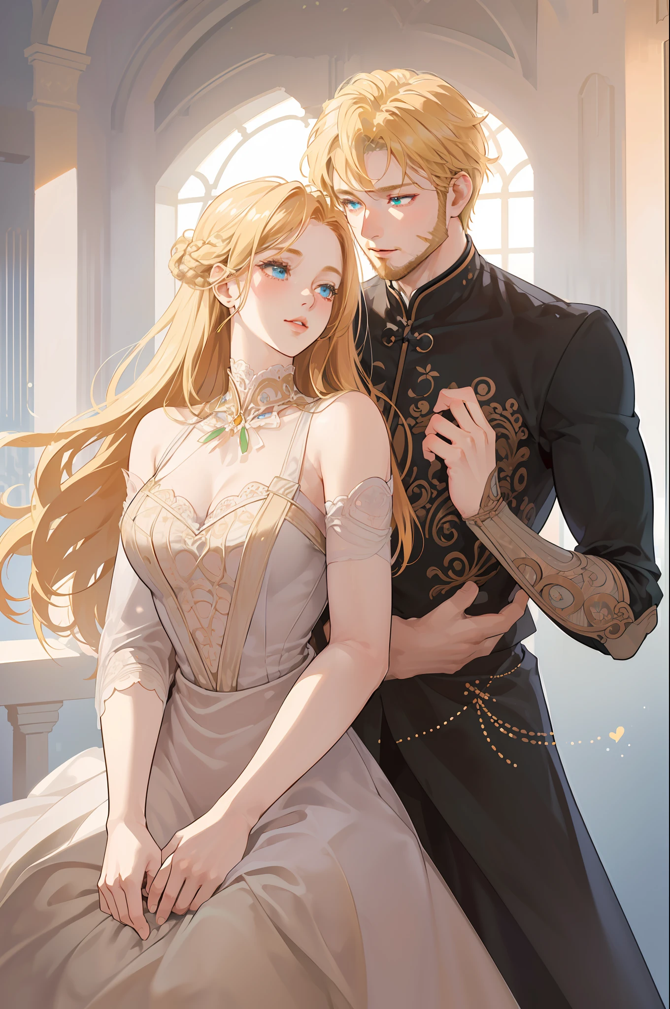 Woman with blond hair and blue eyes, hugging a muscular man with red hair and beard, green eyes, royalty, high quality, detailed, anime couple, couple, romance, elegant, high quality, high detail, with a blonde woman, blue eyes, couple, kiss, falling in love, masterpiece, love, tenderness, hugging, beautiful clothes, aristocrats, royalty, couple, falling in love, two people, kiss, high detail, high quality, (extremely detailed CG Unity 8k wallpaper, masterpiece), (( 8k resolution)), ((hyper-detailed)), ((best quality)), (((realistic: 1.2))), (super-detailed), (better lighting), (better lighting), ultra-HD, cryoengine, dynamic angle Cameras, (Depth of Field), Bloom, ((Soft Lighting)), (Extremely Delicate and Beautiful Illustration), ((Smooth Gradient Lighting)), High Resolution, Sharp Focus, Pixel Masterpiece, ((Intricate Details)), Full Color , high detail, (semi-realistic: 1.6)