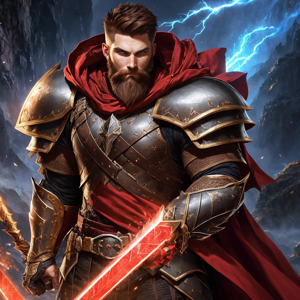 man with short beard, epic rpg portrait, fantasy male portrait, rpg portrait concept art, male warrior, fantasy concept art portrait, epic portrait illustration, detailed character portrait, one human warrior, big black armor with details red, full armor, blue eyes, short hair, brown hair, dungeons and dragons character, detailed hands, cape
