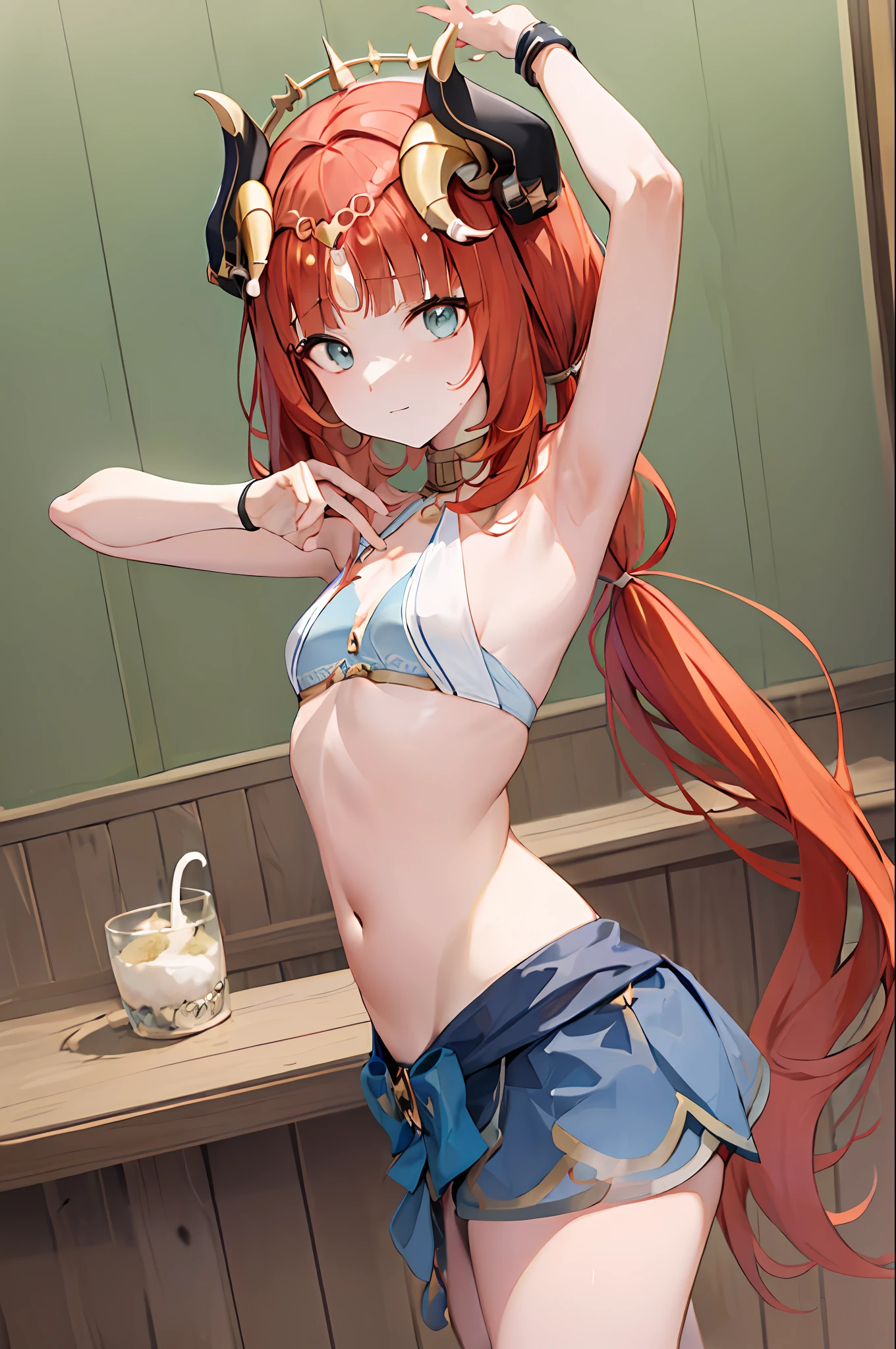 nilou (genshin impact), aquamarine eyes, nilou (genshin impact), fake horns, 1 girl, solo, red hair, long hair, horns, looking at viewer, bangs, two pigtails, split bangs, breasts, hair ornament, pigtails low, flower of hair, hand up, small breasts, stomach, very long hair, swimsuit?
