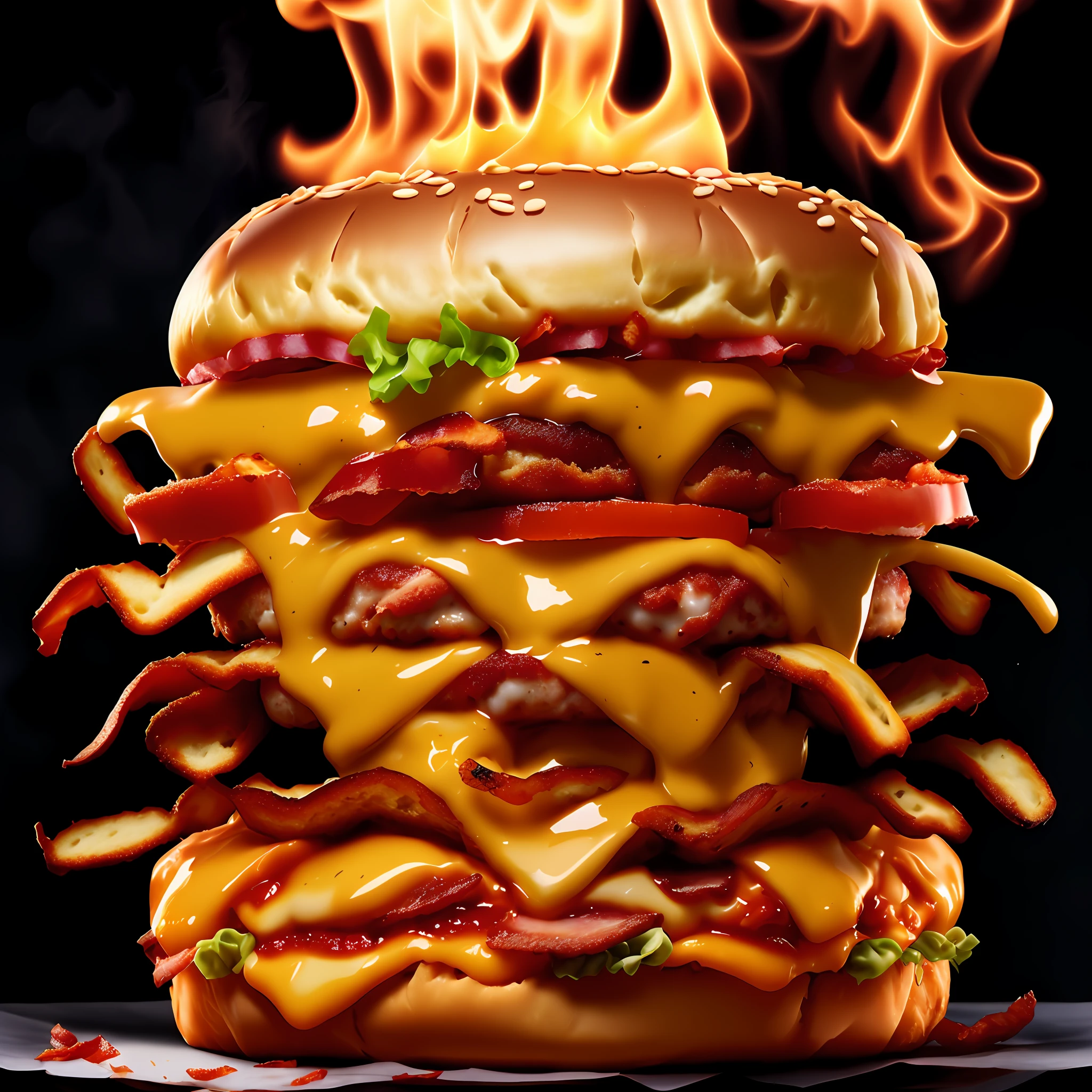pictured (QuadBurger style:1) a large burger topped with bacon, cheese, lettuce, tomato, and cheddar cheese, on fire