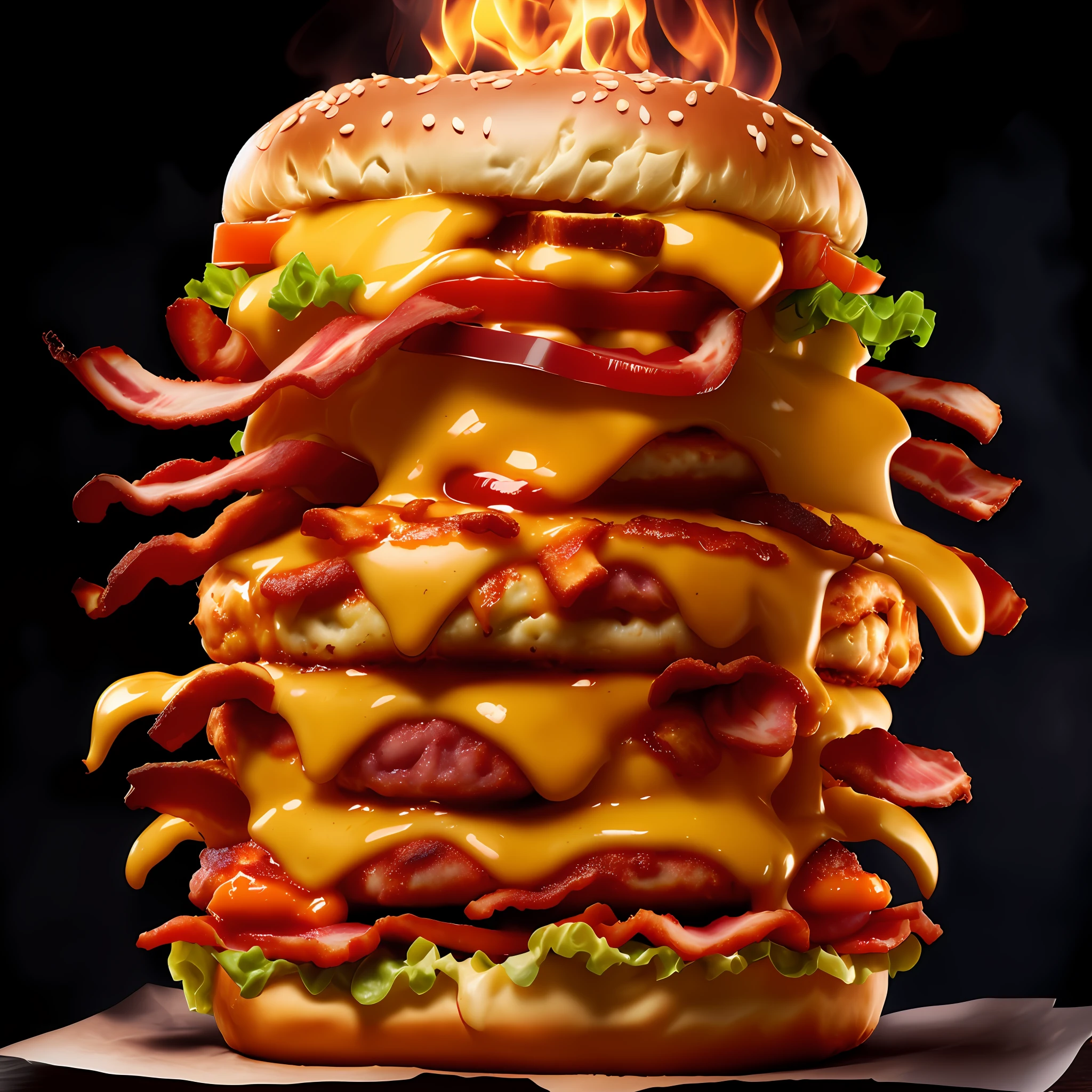 pictured (QuadBurger style:1) a large burger topped with bacon, cheese, lettuce, tomato, and cheddar cheese, on fire