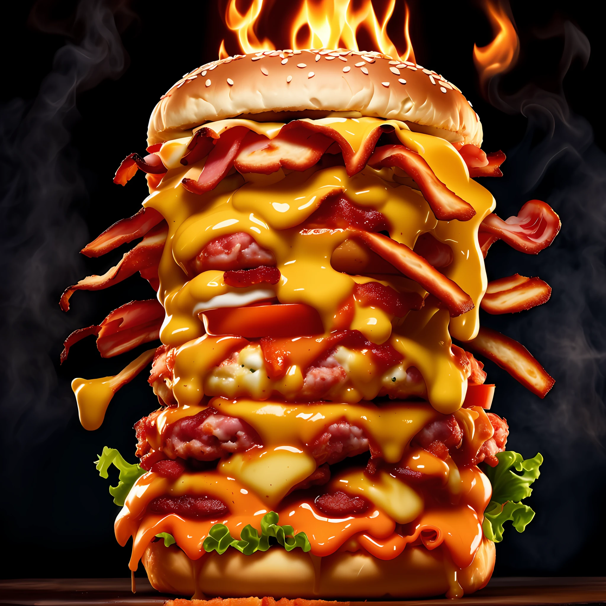 pictured (QuadBurger style:1) a large burger topped with bacon, cheese, lettuce, tomato, and cheddar cheese, on fire