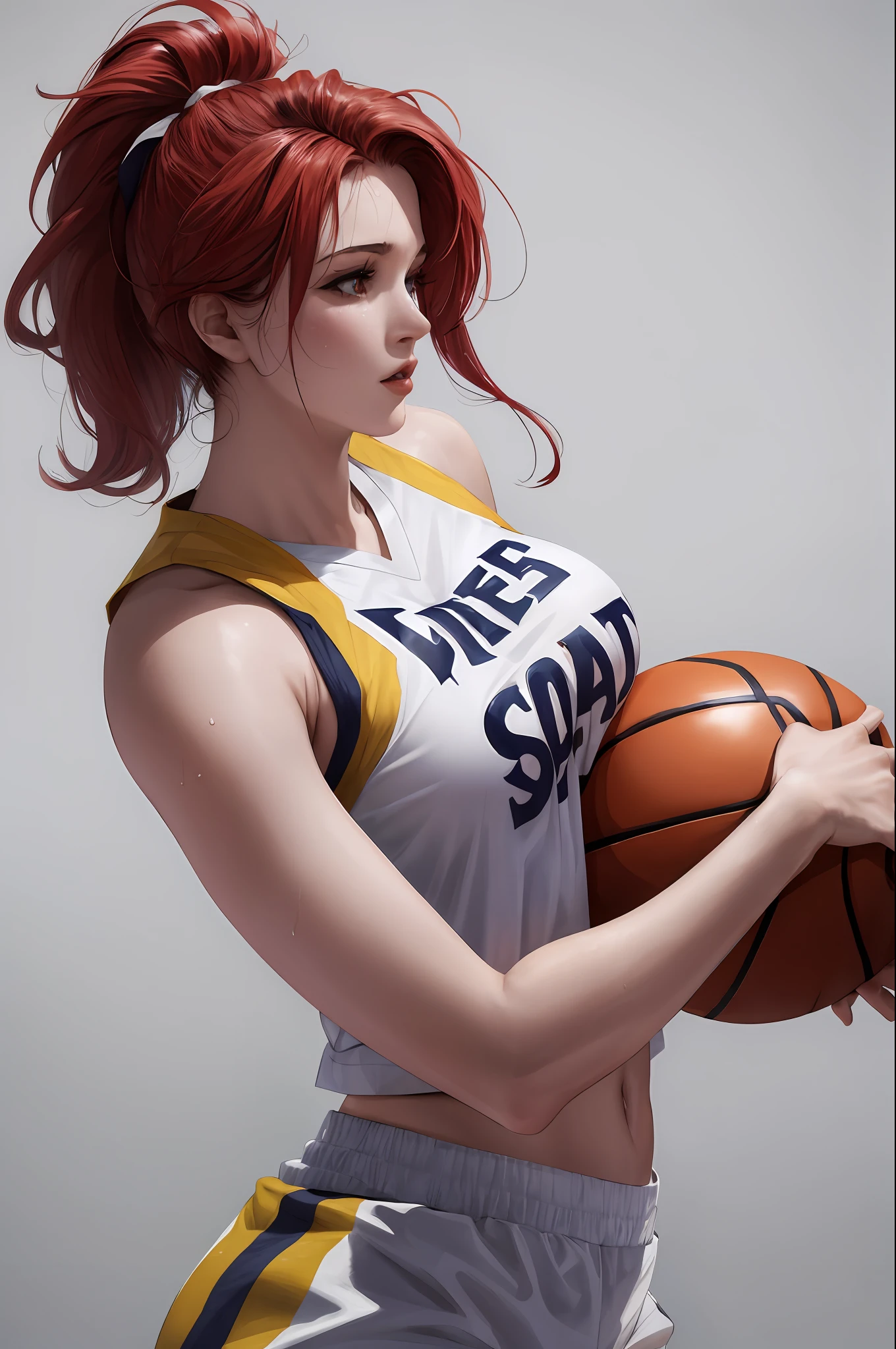 masterpiece: 1.2, best quality), realistic, (real image, intricate details, depth of field), (1girl, solo), makeup, parted lips, highly detailed, perfect face, (huge breasts: 1.4), (skindentation ), thick thighs, wide hips, thin waist, high, bright coral lips, red hair, red eyes, ponytail, (A girl playing basketball, white NBA basketball uniform), (sweat: 1.2), ( wet), sexy, blushing,