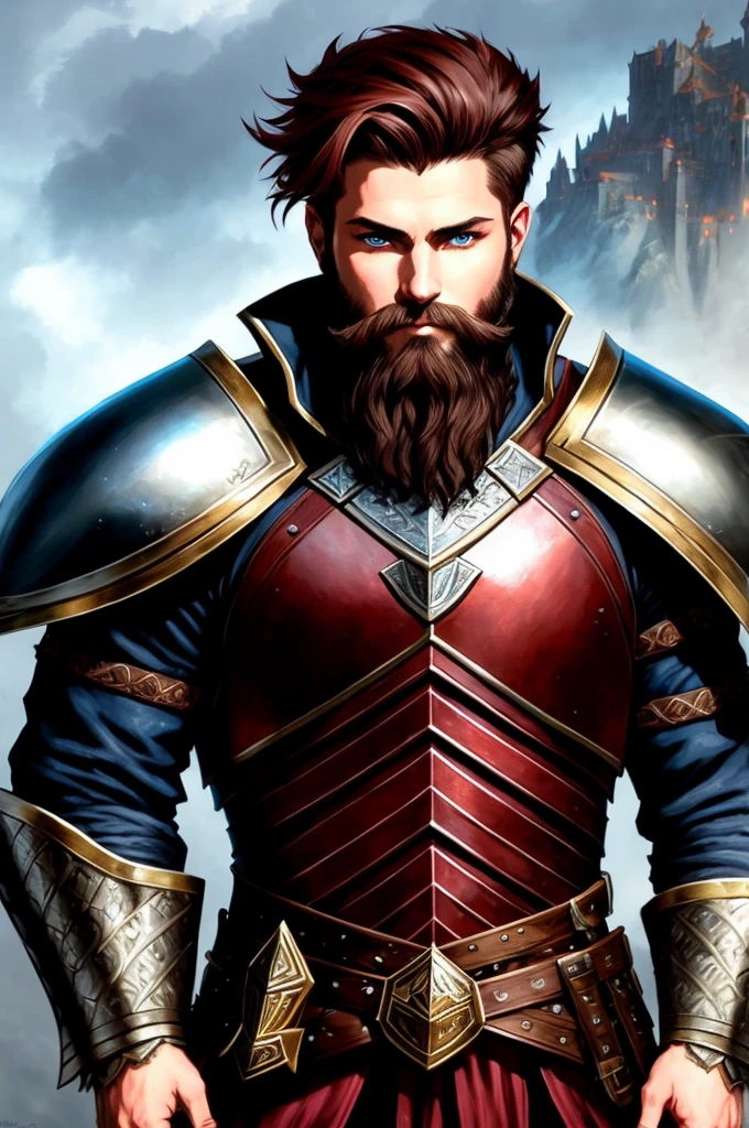 man with short beard, epic rpg portrait, fantasy male portrait, rpg portrait concept art, male warrior, fantasy concept art portrait, epic portrait illustration, detailed character portrait, one human warrior, big black armor with details red, full armor, blue eyes, short hair, brown hair, dungeons and dragons character, serious, cap