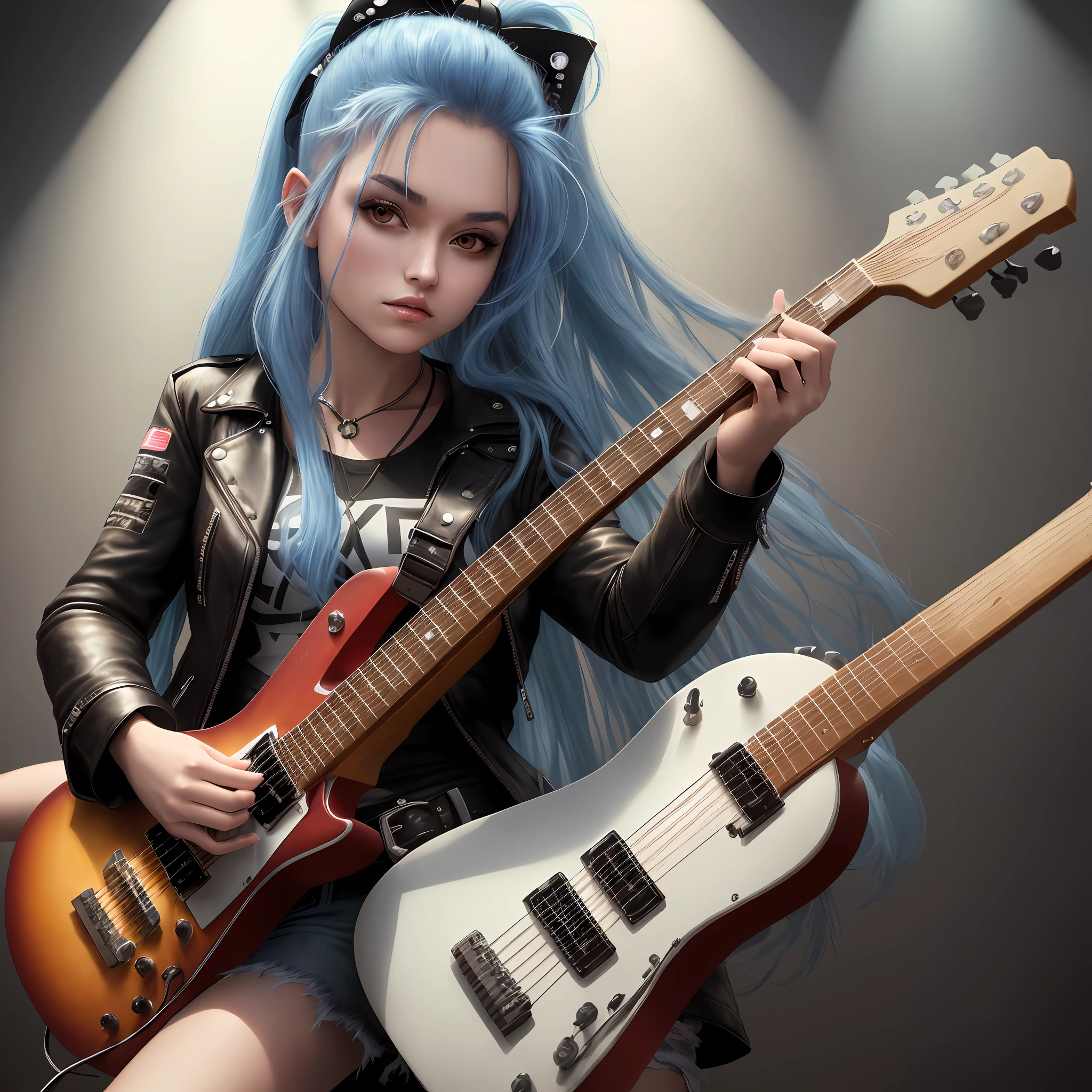 araffe woman with long hair playing guitar and posing for a photo, rocking it, dreamy rock girl, photo from a promotional session, guitarist, action glamor pose, rock star, girl plays guitar, punk-rocker, holding electric guitars , headbanging , holding an electric guitar, guitar solo, holding an electric guitar, holding an electric guitar, blue hair, brown eyes, ripped jeans, white t-shirt, leather jacket, side lighting, best quality, high resolution, portrait , 50 mm, Full Frame, 4k resolution