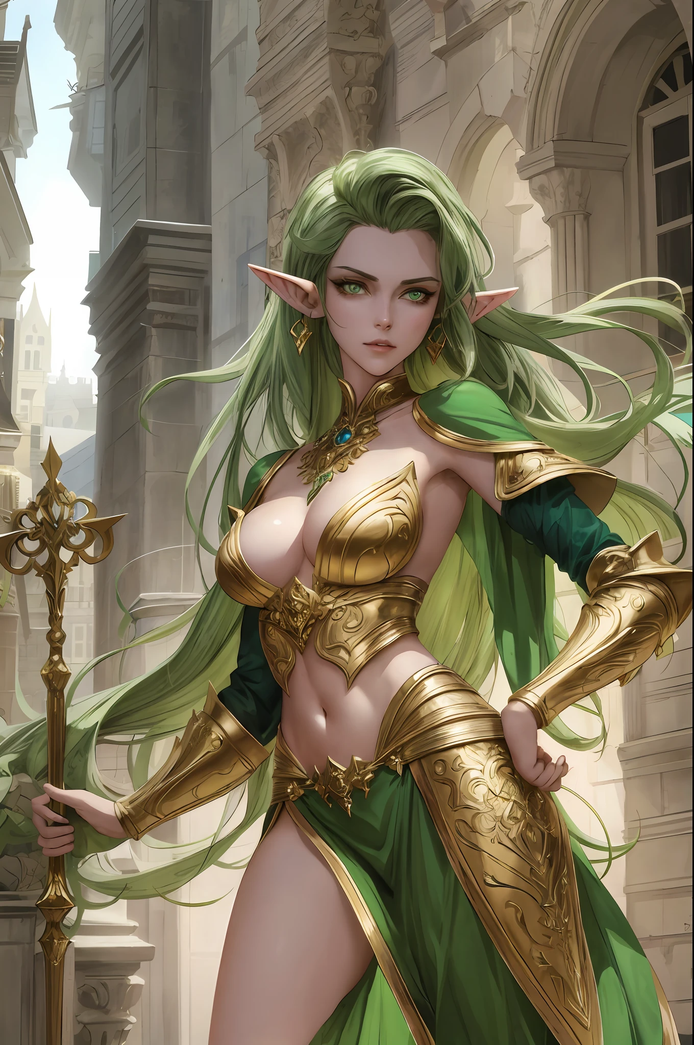 A tall and beautiful elf woman, with green pupils, contempt in her eyes, a cold expression, a haughty posture, chest up, golden light armor all over her body, exposed chest, exposed shoulders, exposed navel, exposed thighs, looking up camera, strolling through medieval streets.